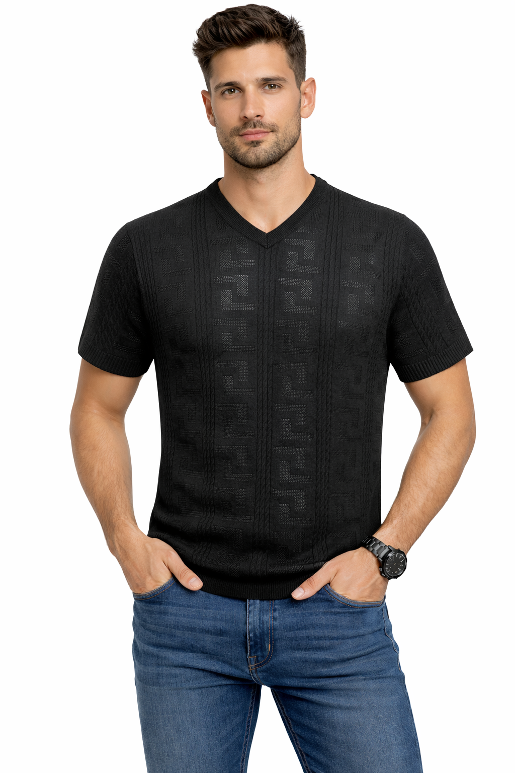 Textured V-Neck Knit T-Shirt