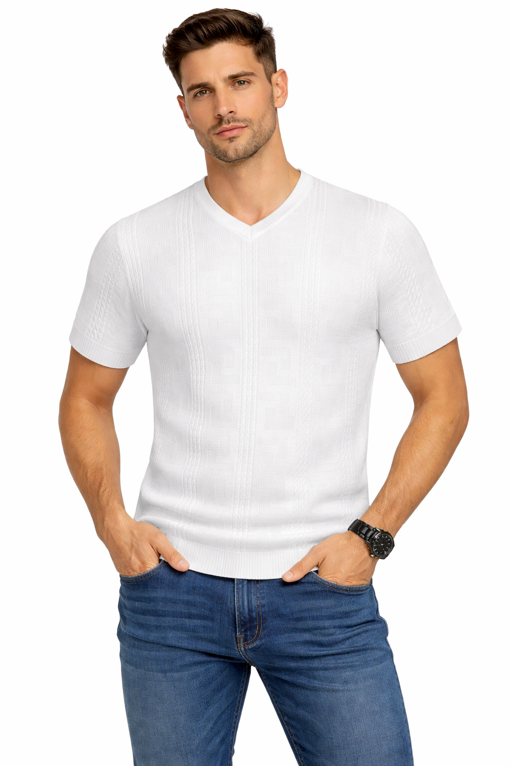 Textured V-Neck Knit T-Shirt