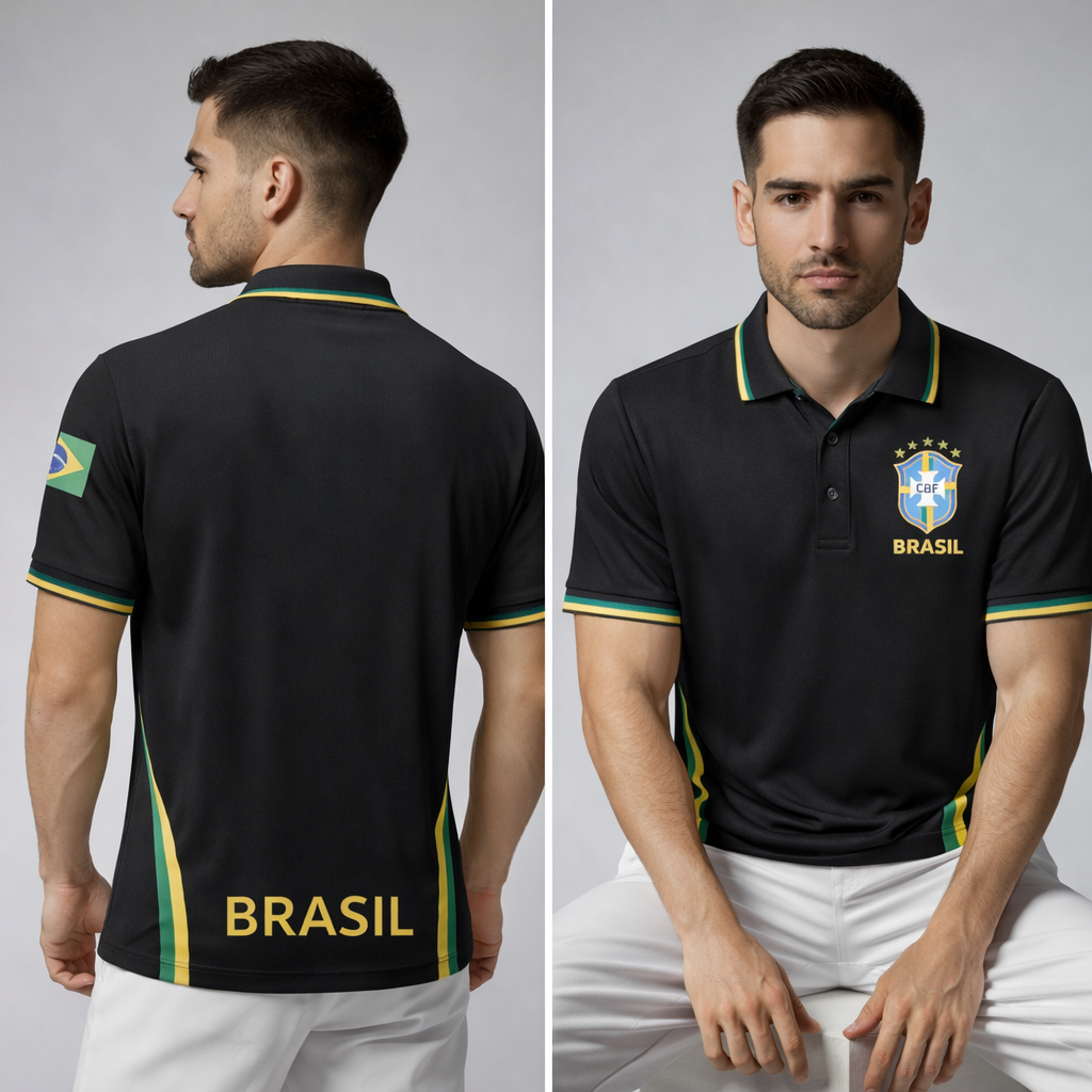 Men’s Brazil Polo Shirt – Black Short Sleeve Polo with Flag Detail