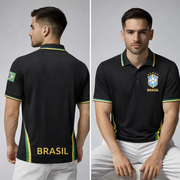Men’s Brazil Polo Shirt – Black Short Sleeve Polo with Flag Detail
