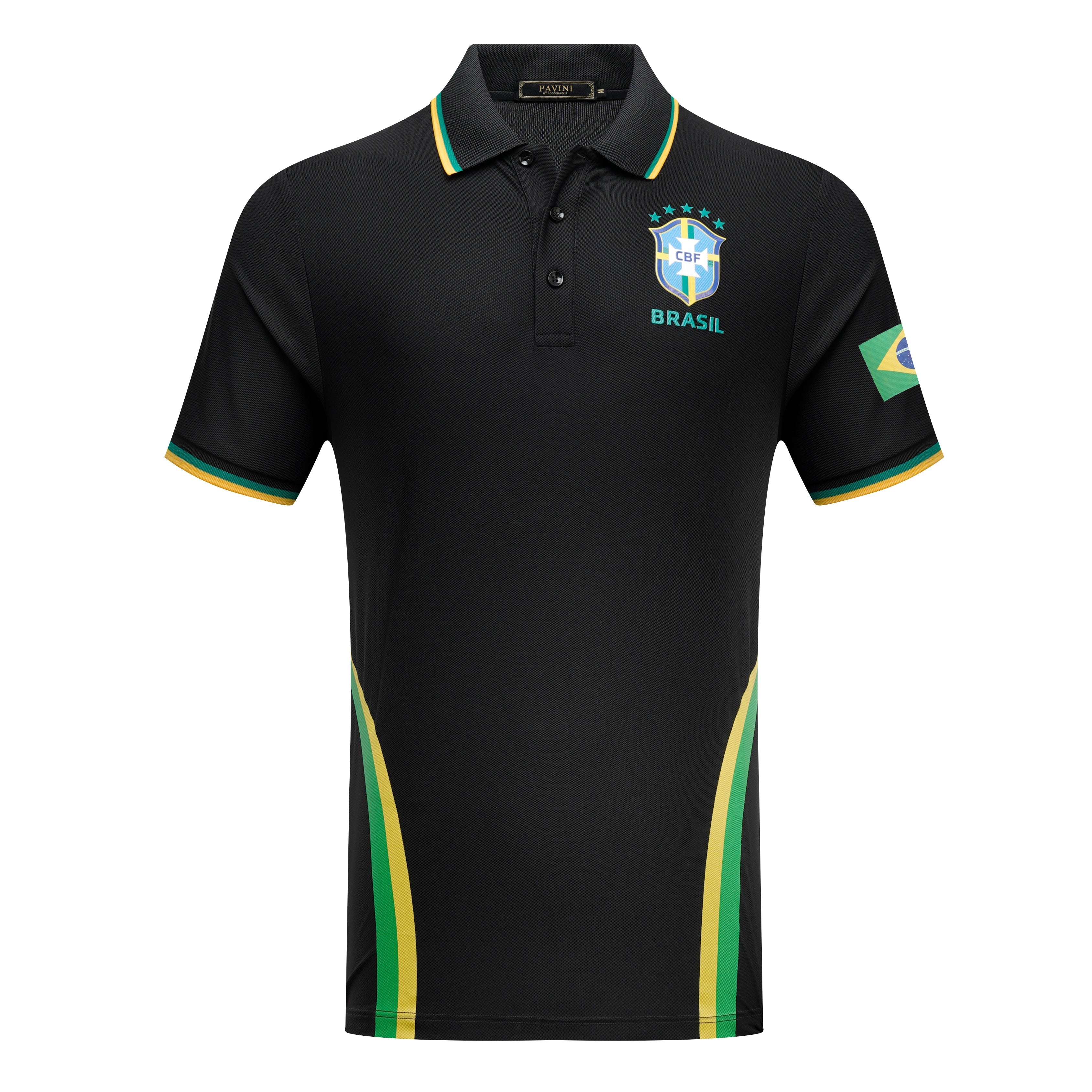 Men’s Brazil Polo Shirt – Black Short Sleeve Polo with Flag Detail