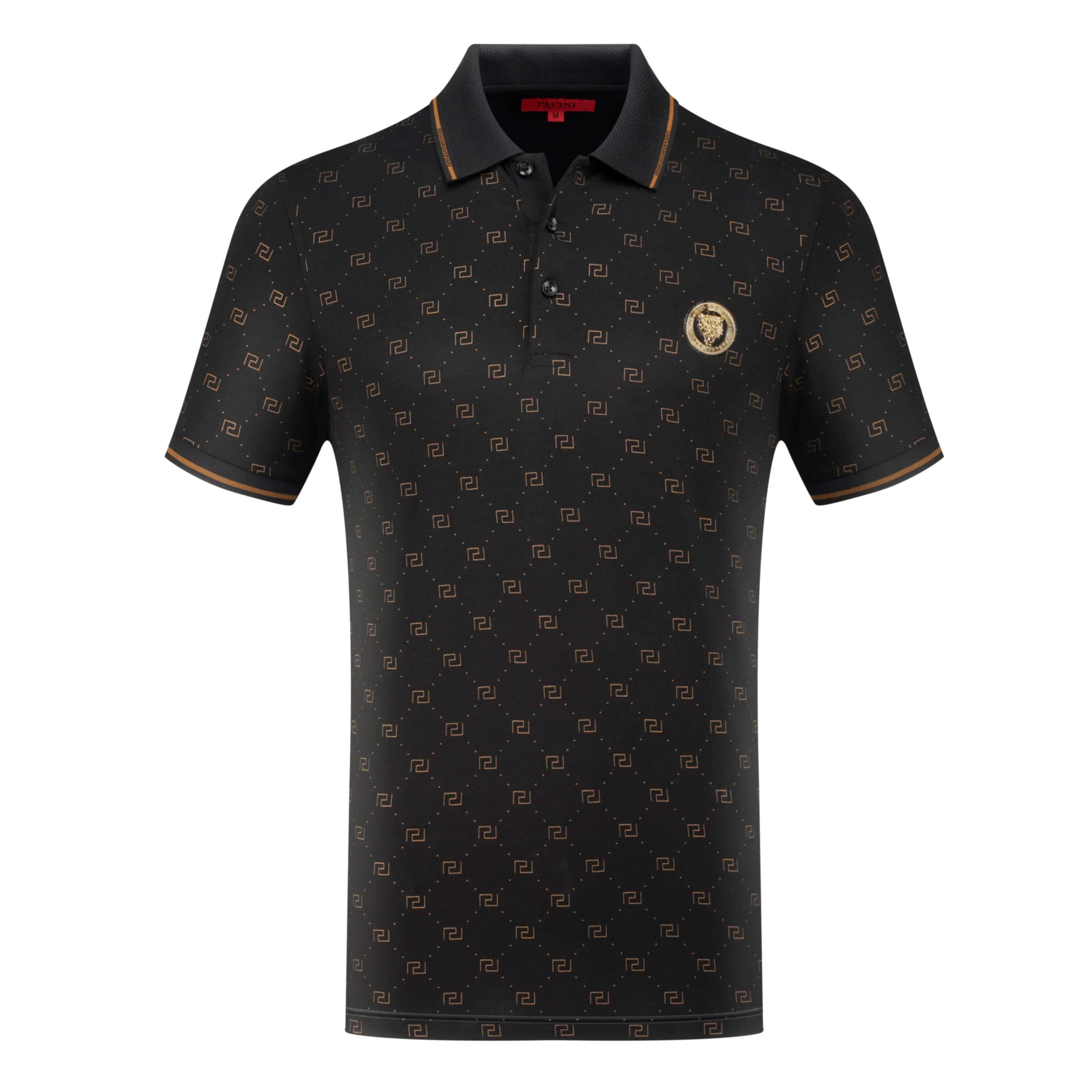 Polo Shirt with All-Over Geometric Pattern & Crest Detail