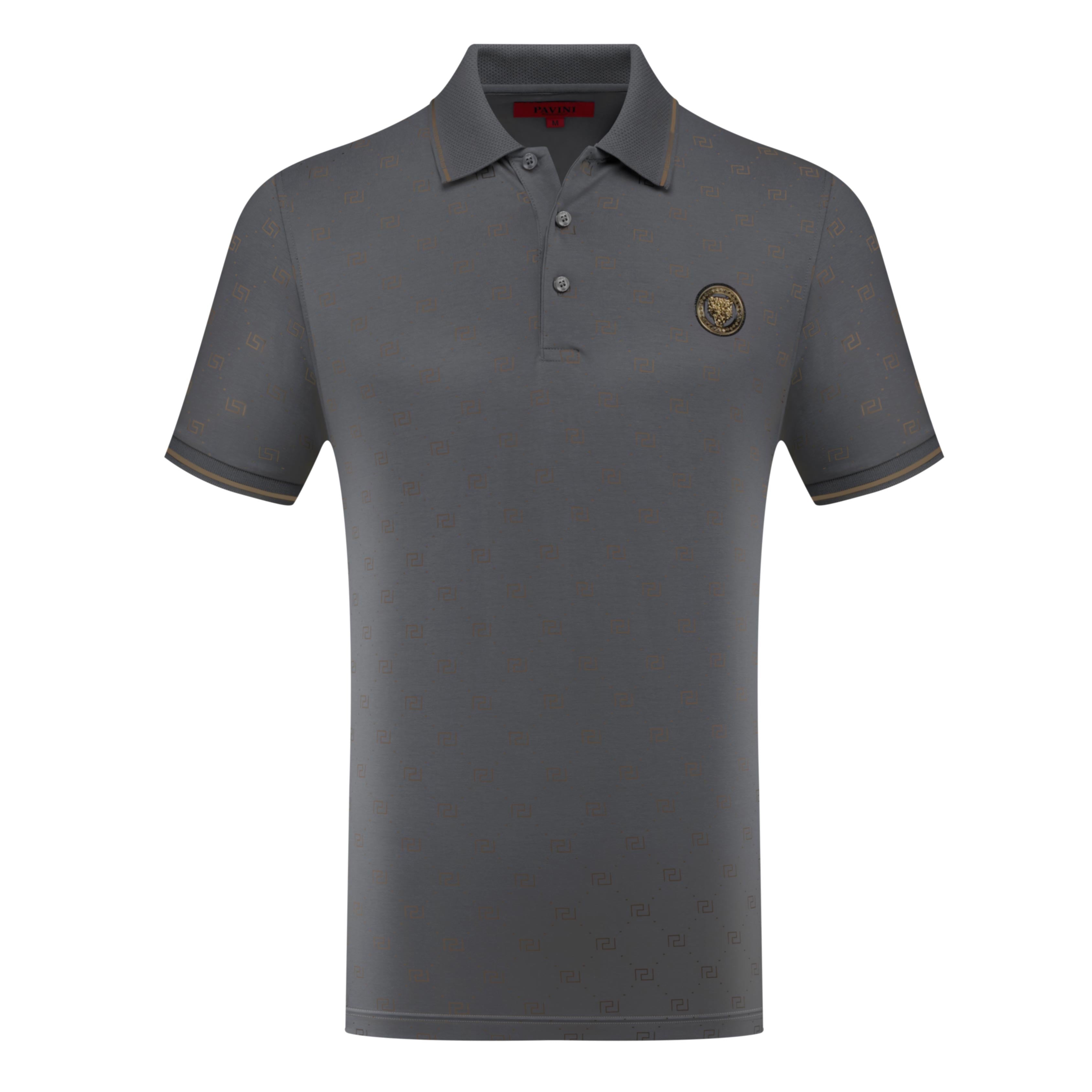 Polo Shirt with All-Over Geometric Pattern & Crest Detail