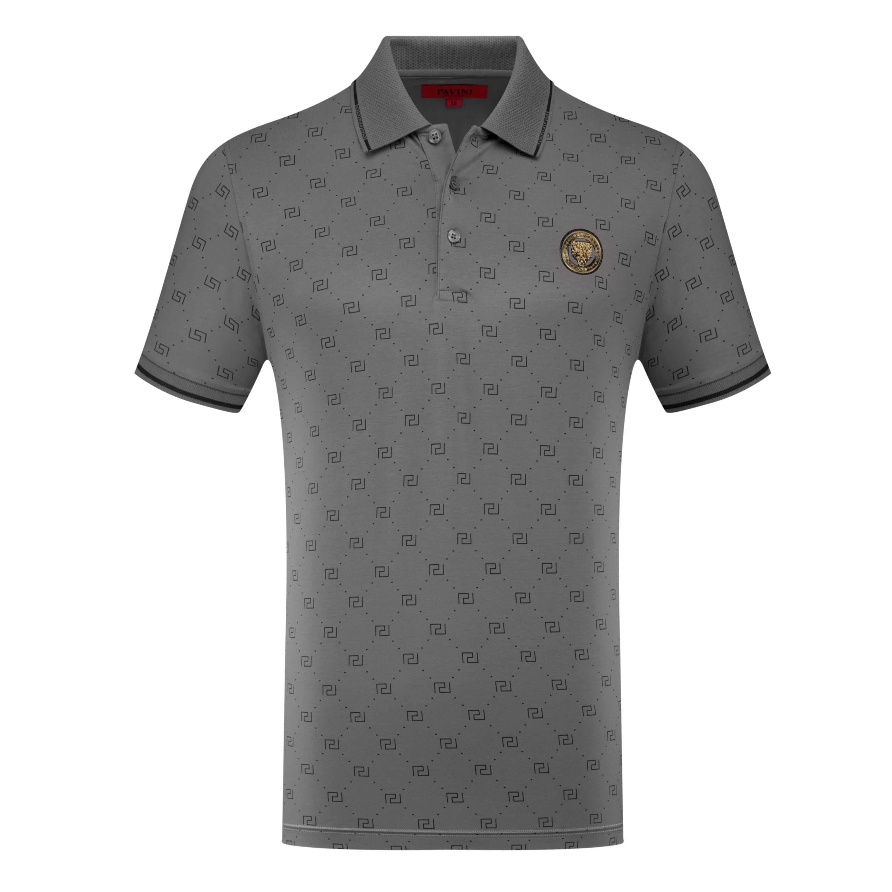 Polo Shirt with All-Over Geometric Pattern & Crest Detail
