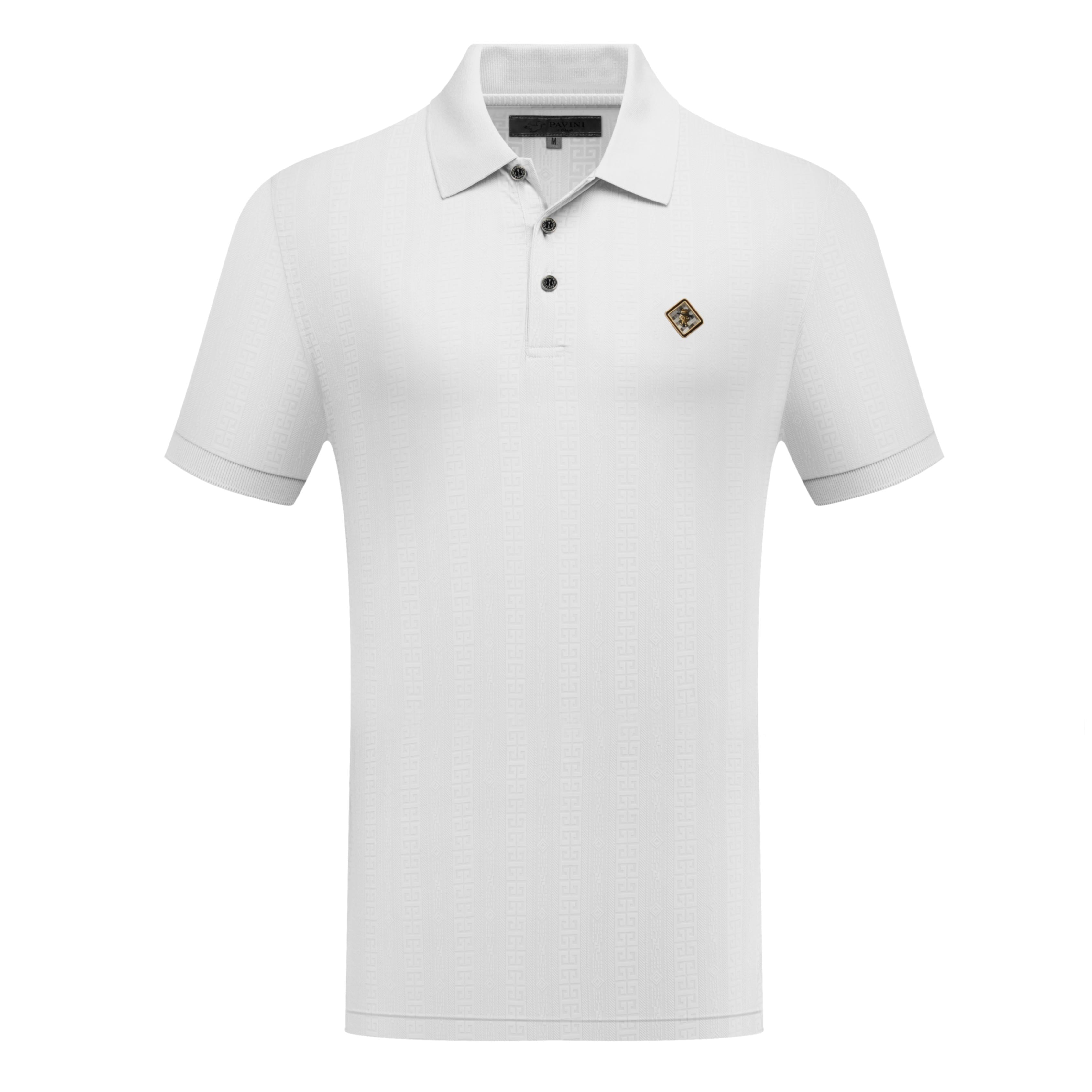 Men’s White Textured Polo Shirt with Diamond Chest Emblem