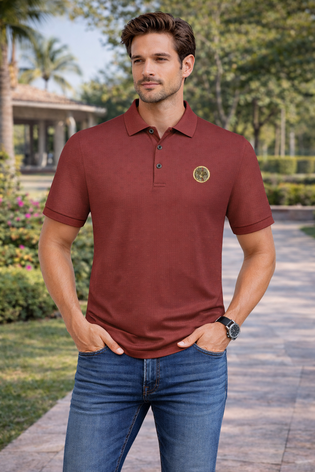 Tonal Print Crest Polo Shirt