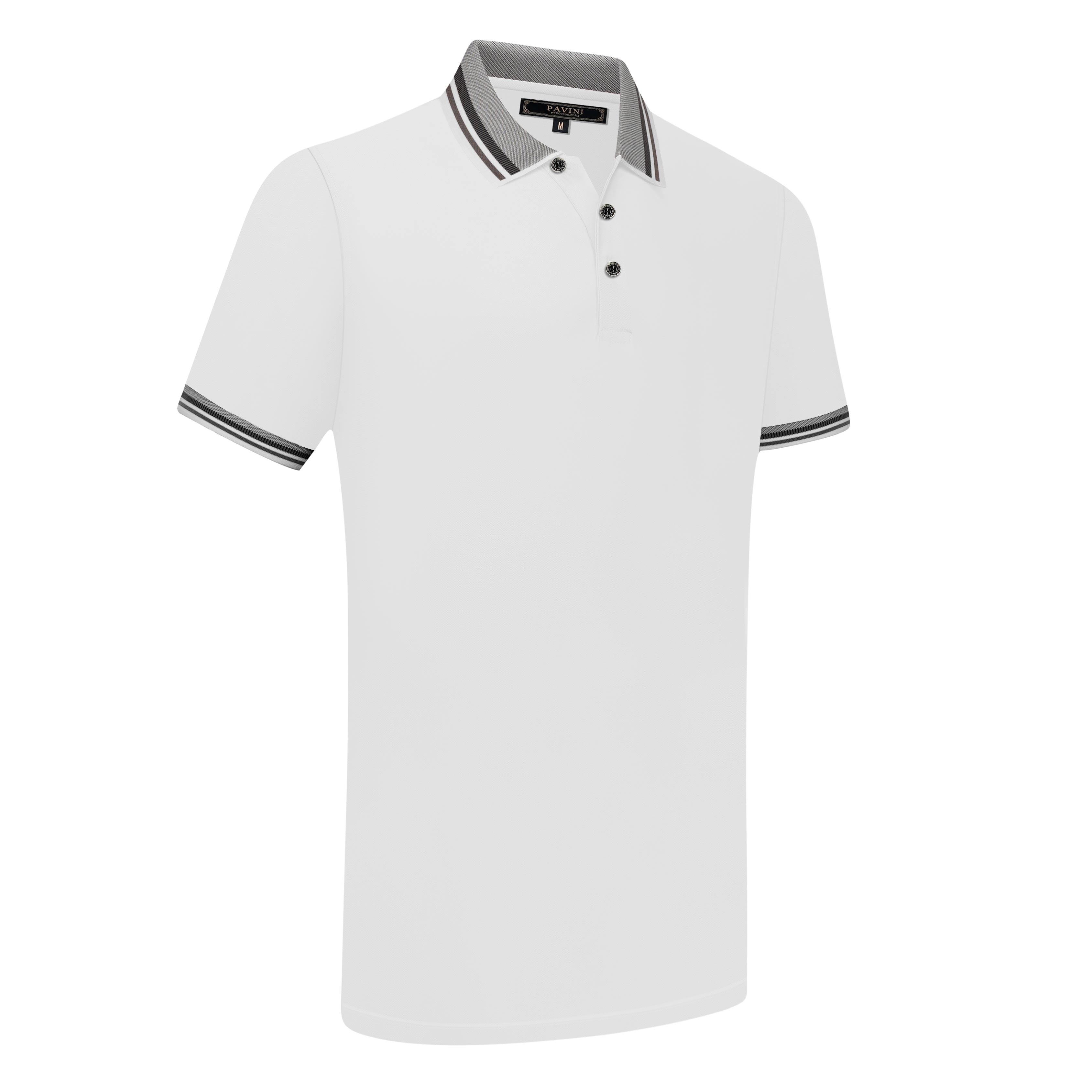 Men’s White Polo Shirt with Striped Collar &amp; Sleeve Trim