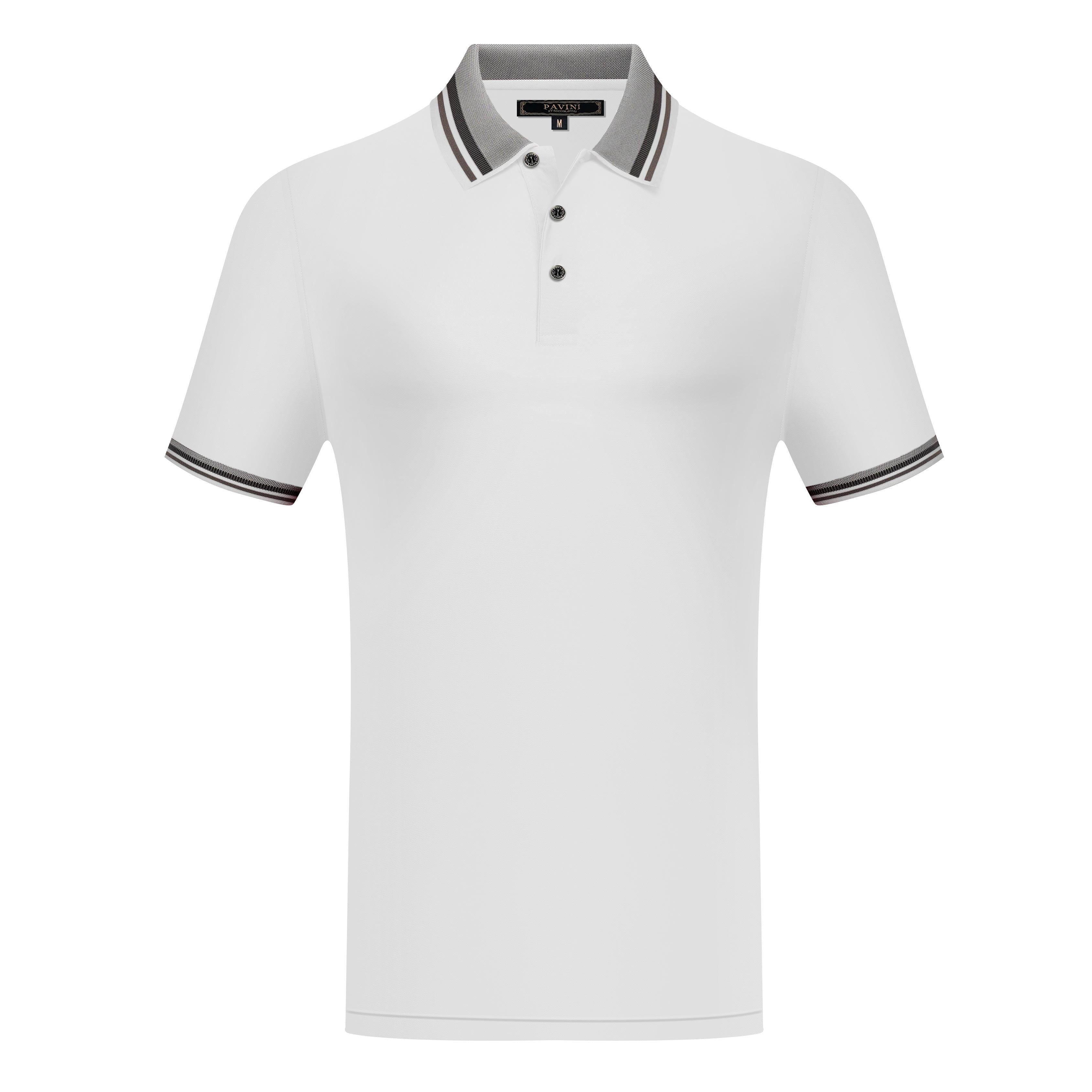 Men’s White Polo Shirt with Striped Collar &amp; Sleeve Trim