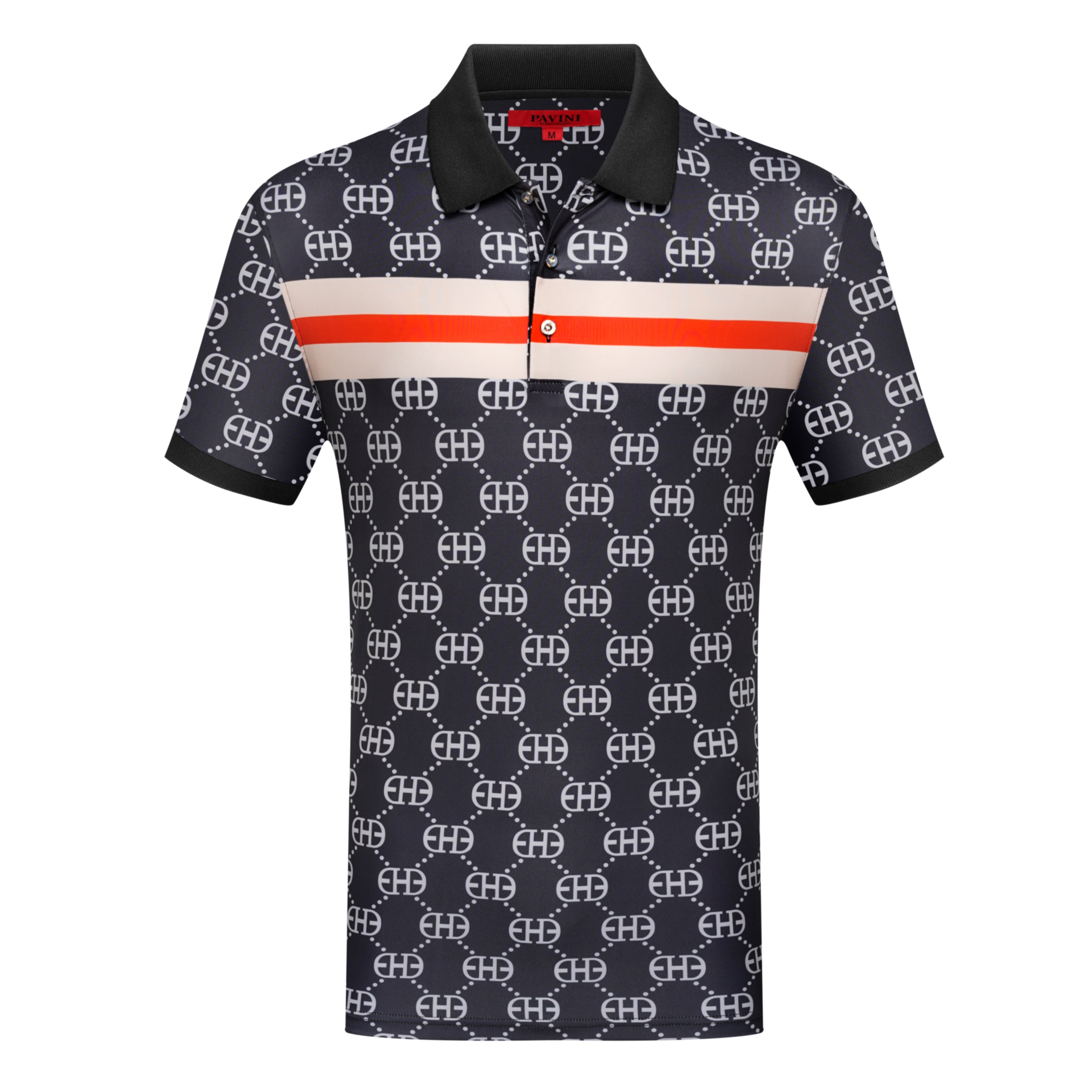 Men’s Polo Shirt with Monogram Pattern & Chest Stripe