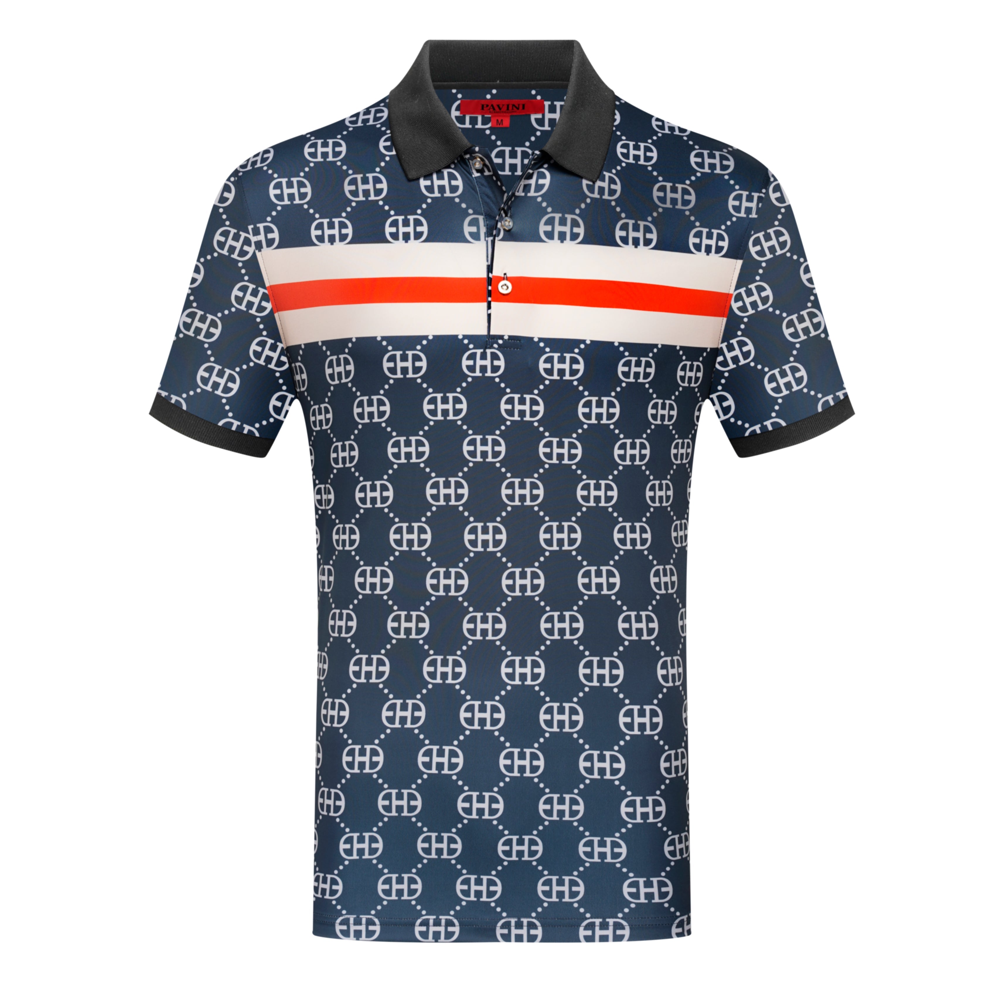 Men’s Polo Shirt with Monogram Pattern & Chest Stripe