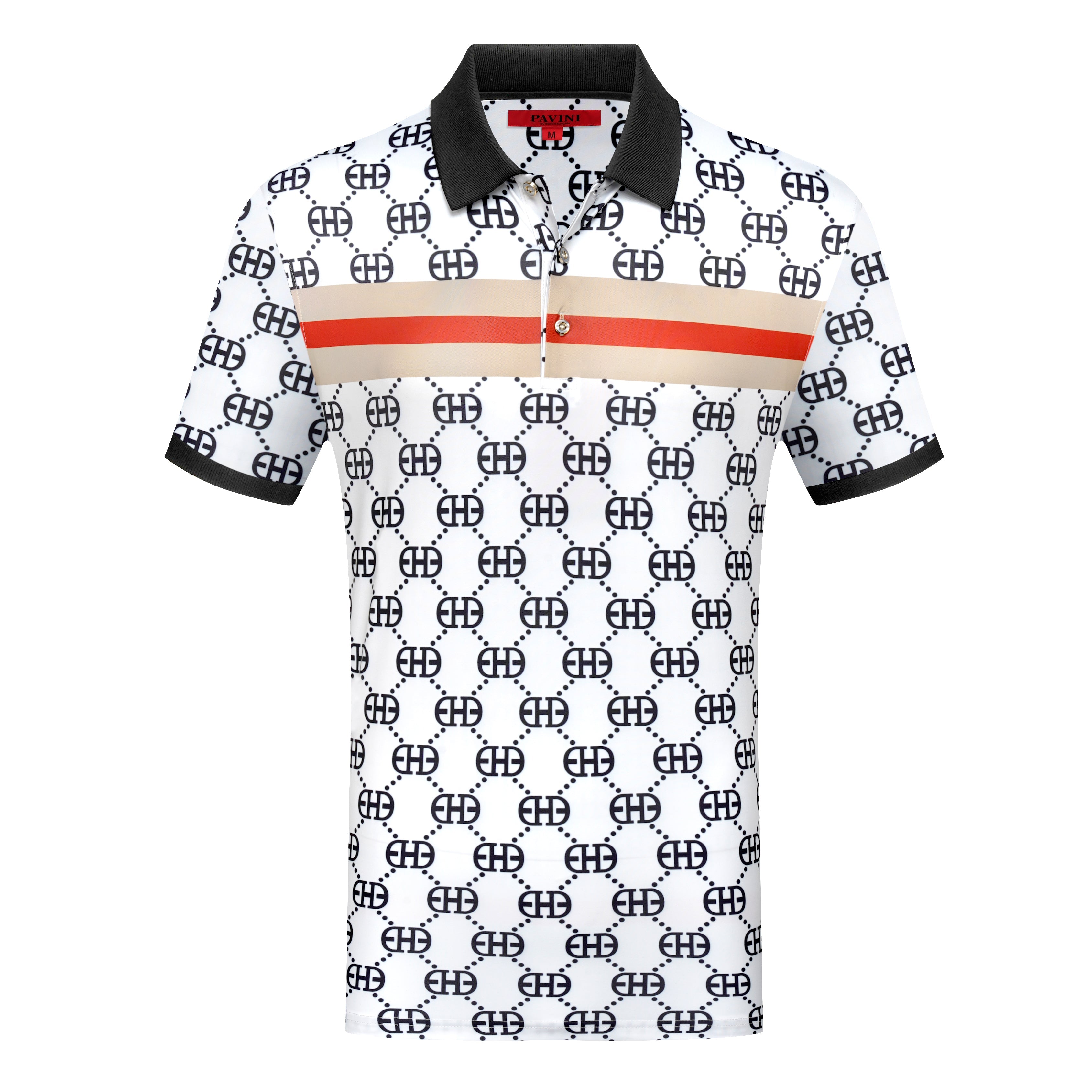 Men’s Polo Shirt with Monogram Pattern & Chest Stripe