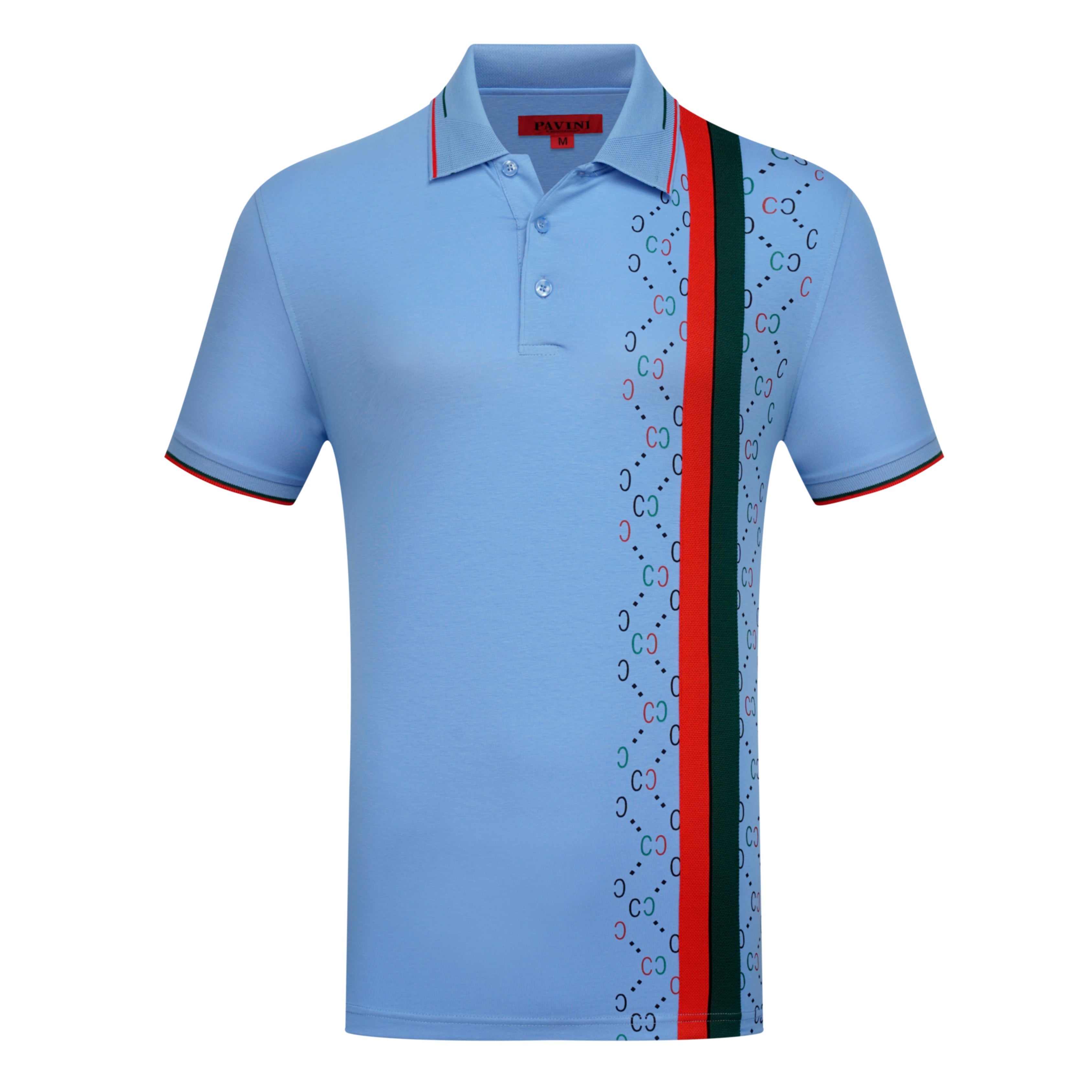 Men’s Blue Polo Shirt with Vertical Stripe & Monogram Design
