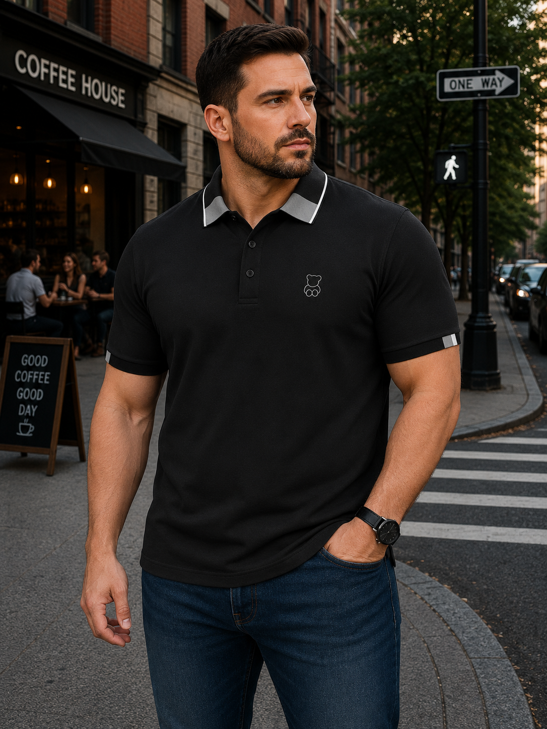 Big & Tall Black Men’s Black Polo Shirt with Grey Contrast Collar