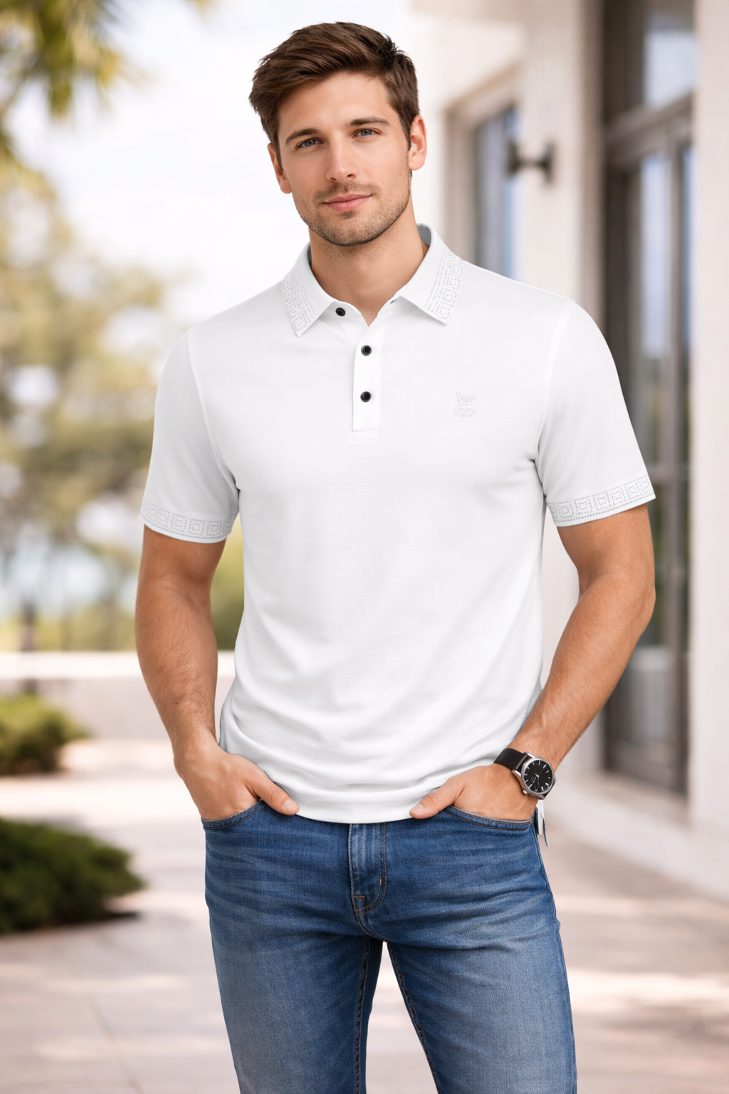 Textured Trim Polo Shirt with Rhinestone