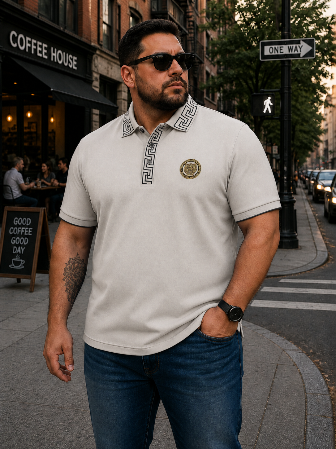 Pavini Men’s Big & Tall Greek Key Trim Polo Shirt