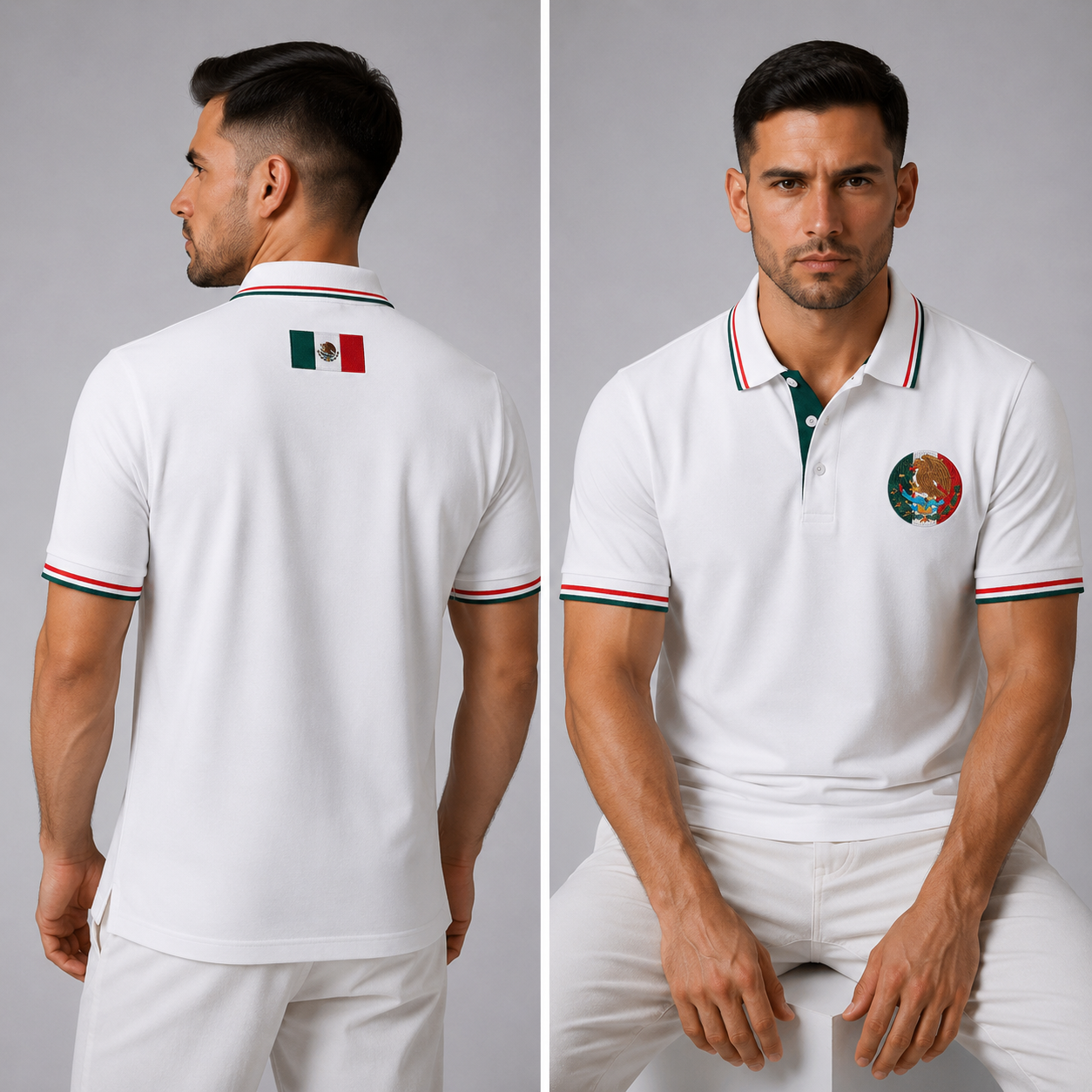 Short Sleeve Polo with Mexico Emblem & Stripe Trim