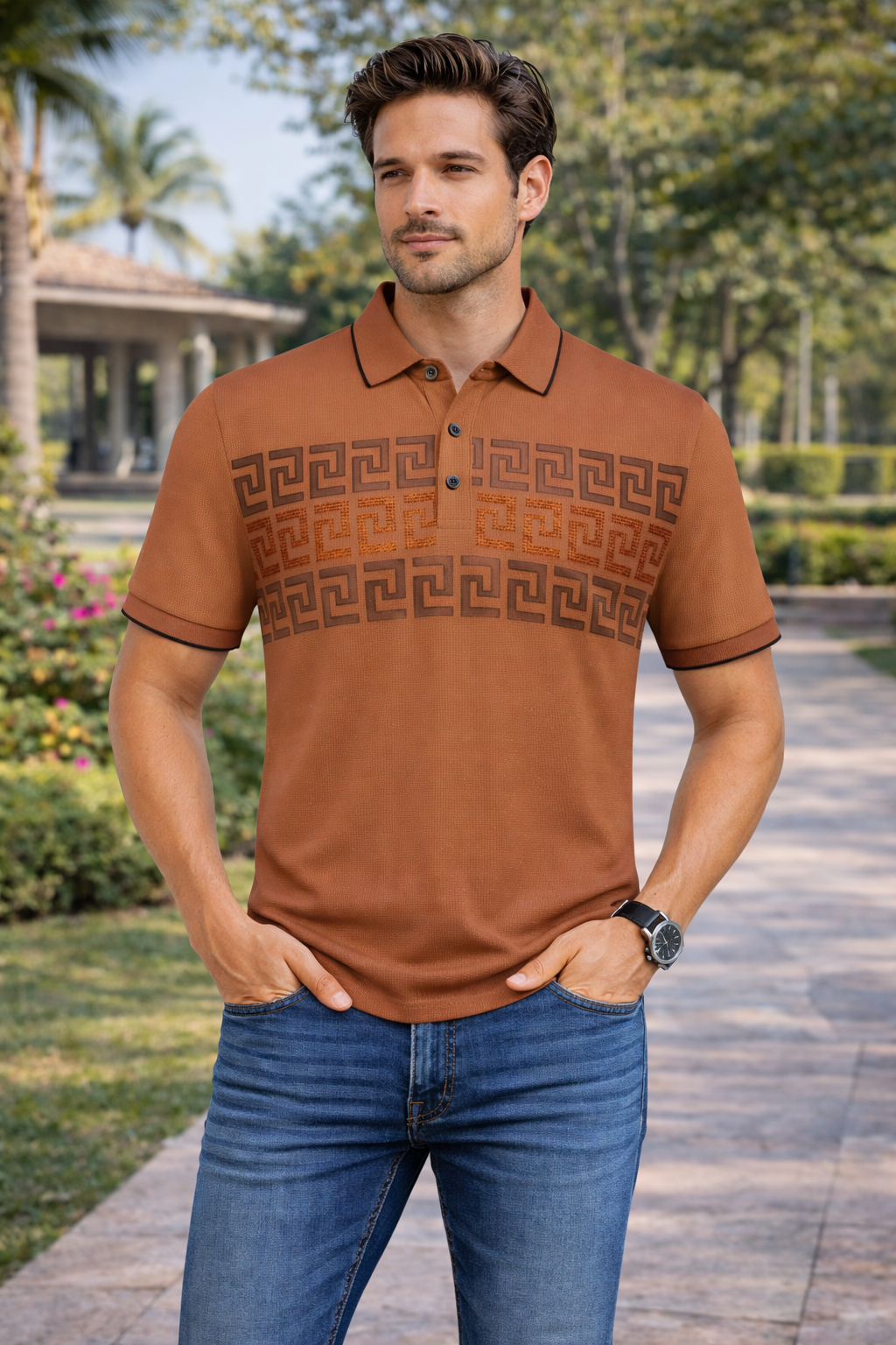 Greek Key Pattern Polo Shirt