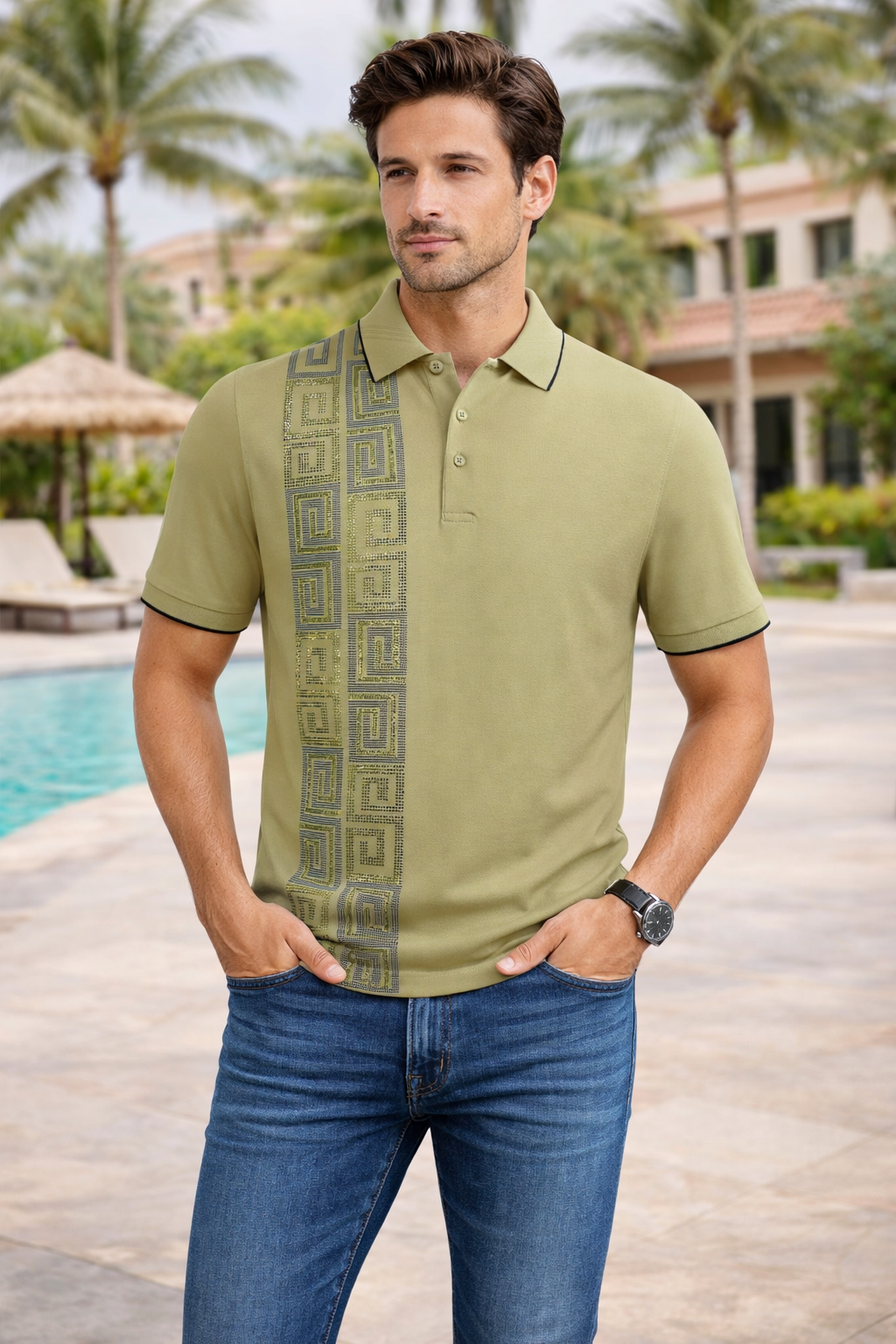 Studded Geo Panel Polo Shirt