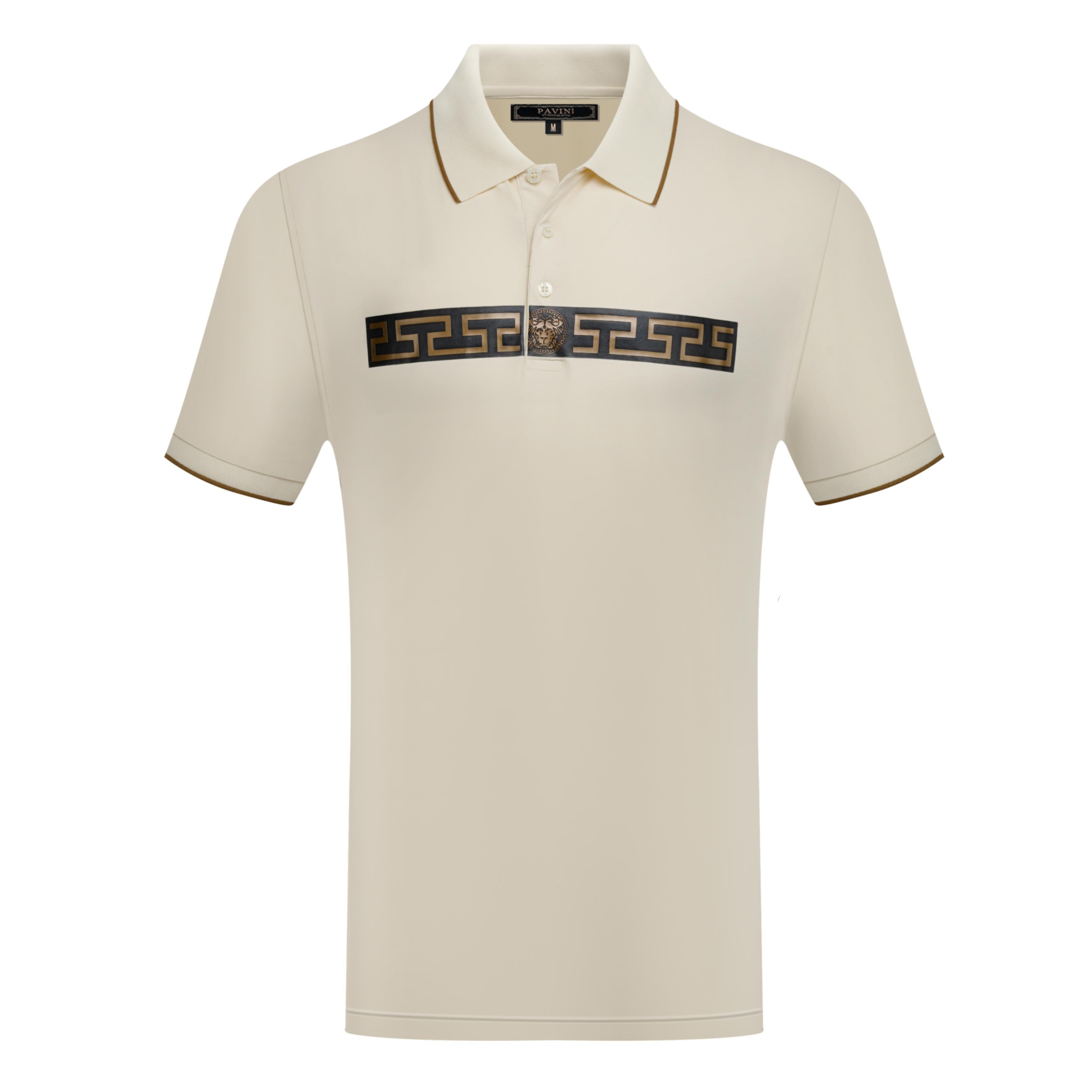 Men’s Polo Shirt with Greek Key Chest Design & Lion Medallion