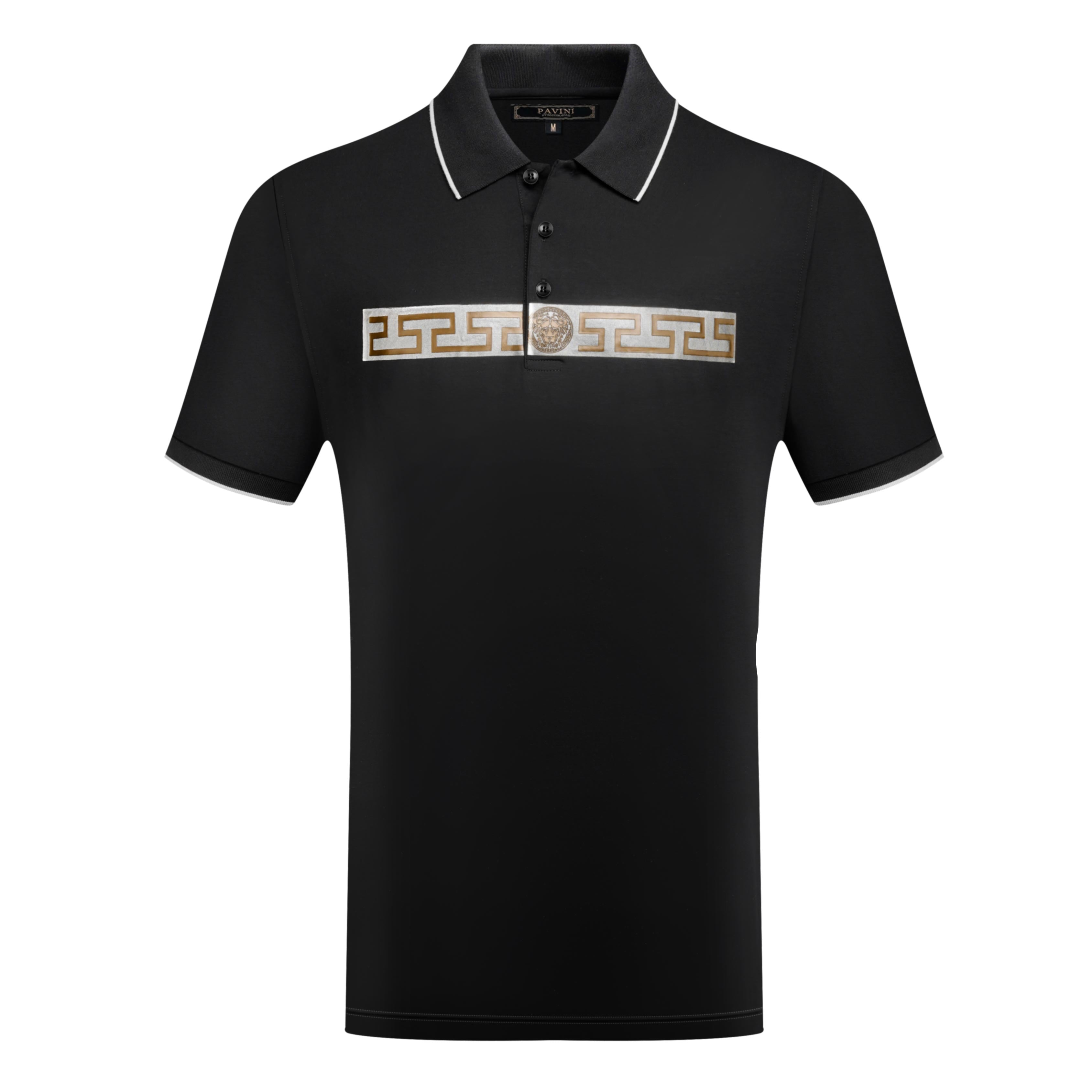 Men’s Polo Shirt with Greek Key Chest Design & Lion Medallion