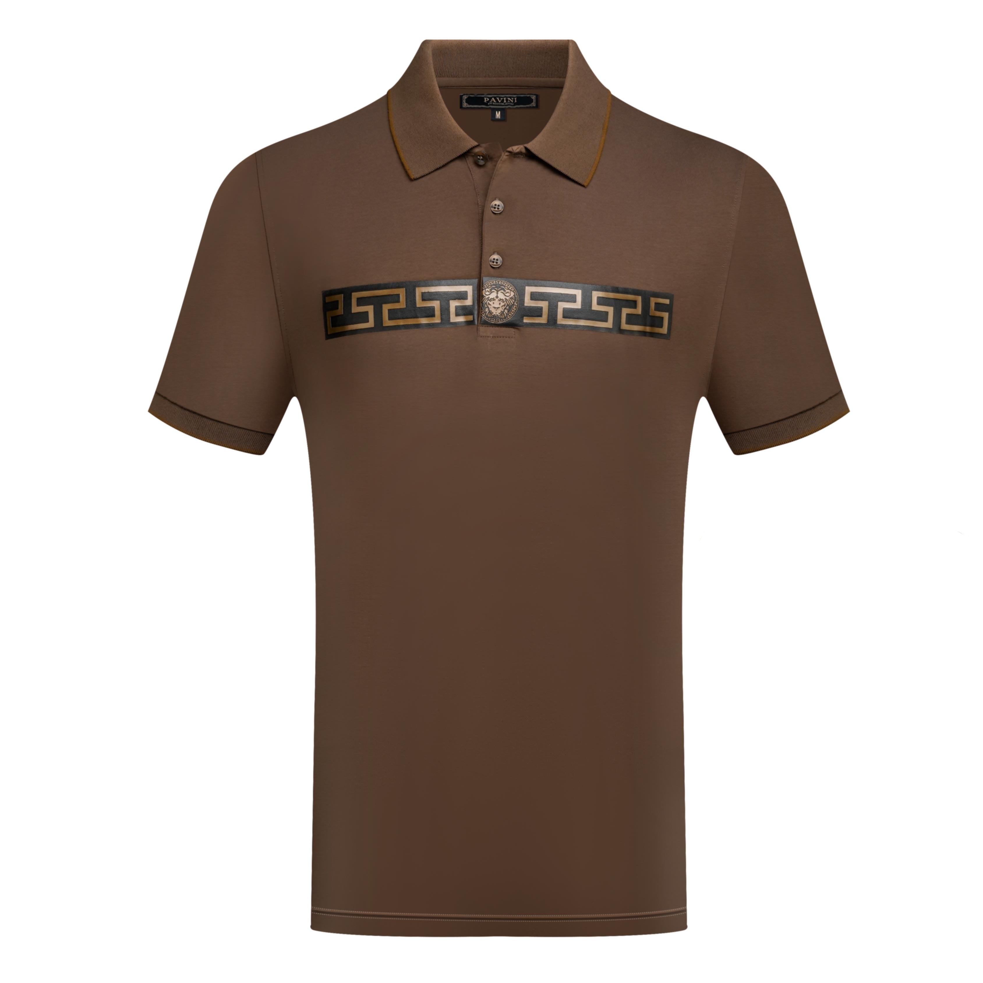 Men’s Polo Shirt with Greek Key Chest Design & Lion Medallion