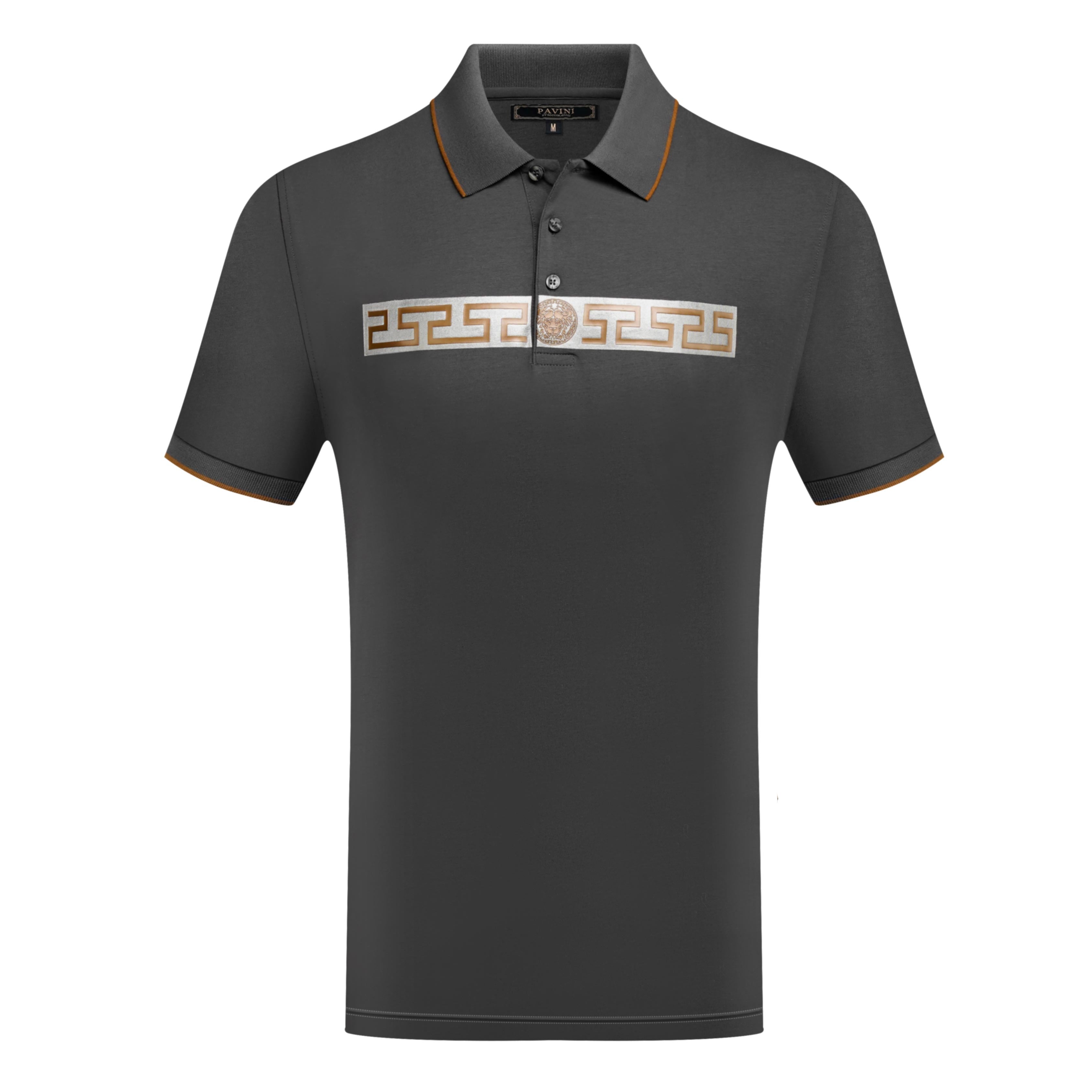 Men’s Polo Shirt with Greek Key Chest Design & Lion Medallion
