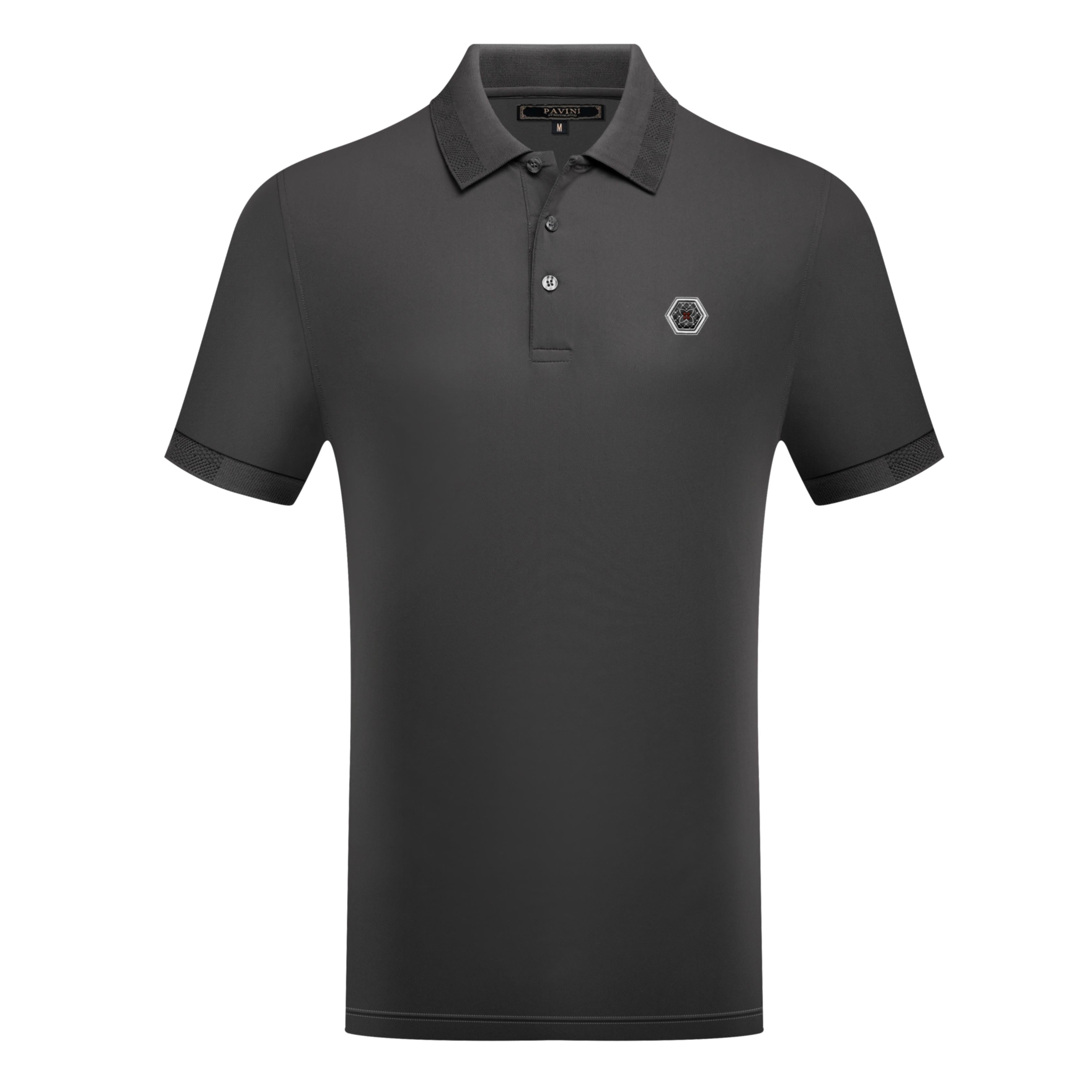 Men’s Polo Shirt with Patterned Collar &amp; Hexagon Chest Emblem
