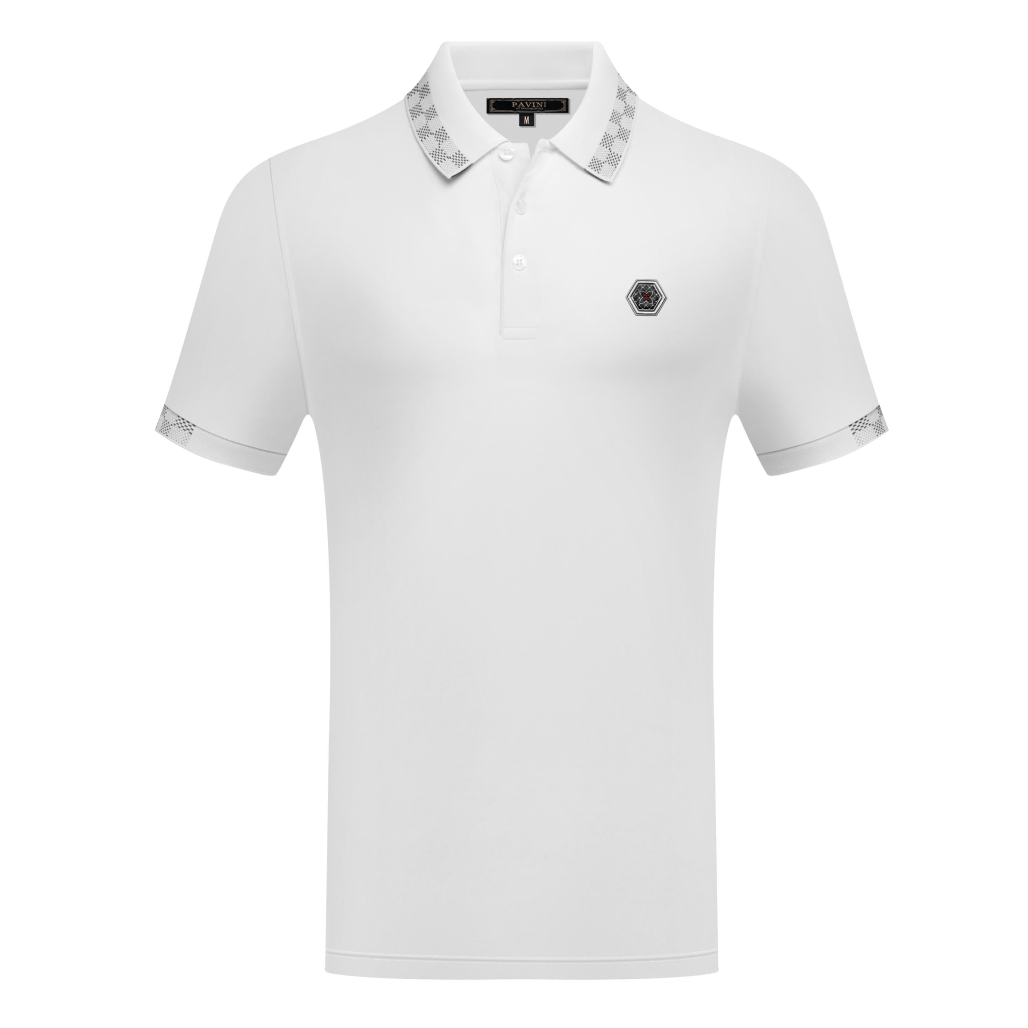 Men’s Polo Shirt with Patterned Collar &amp; Hexagon Chest Emblem
