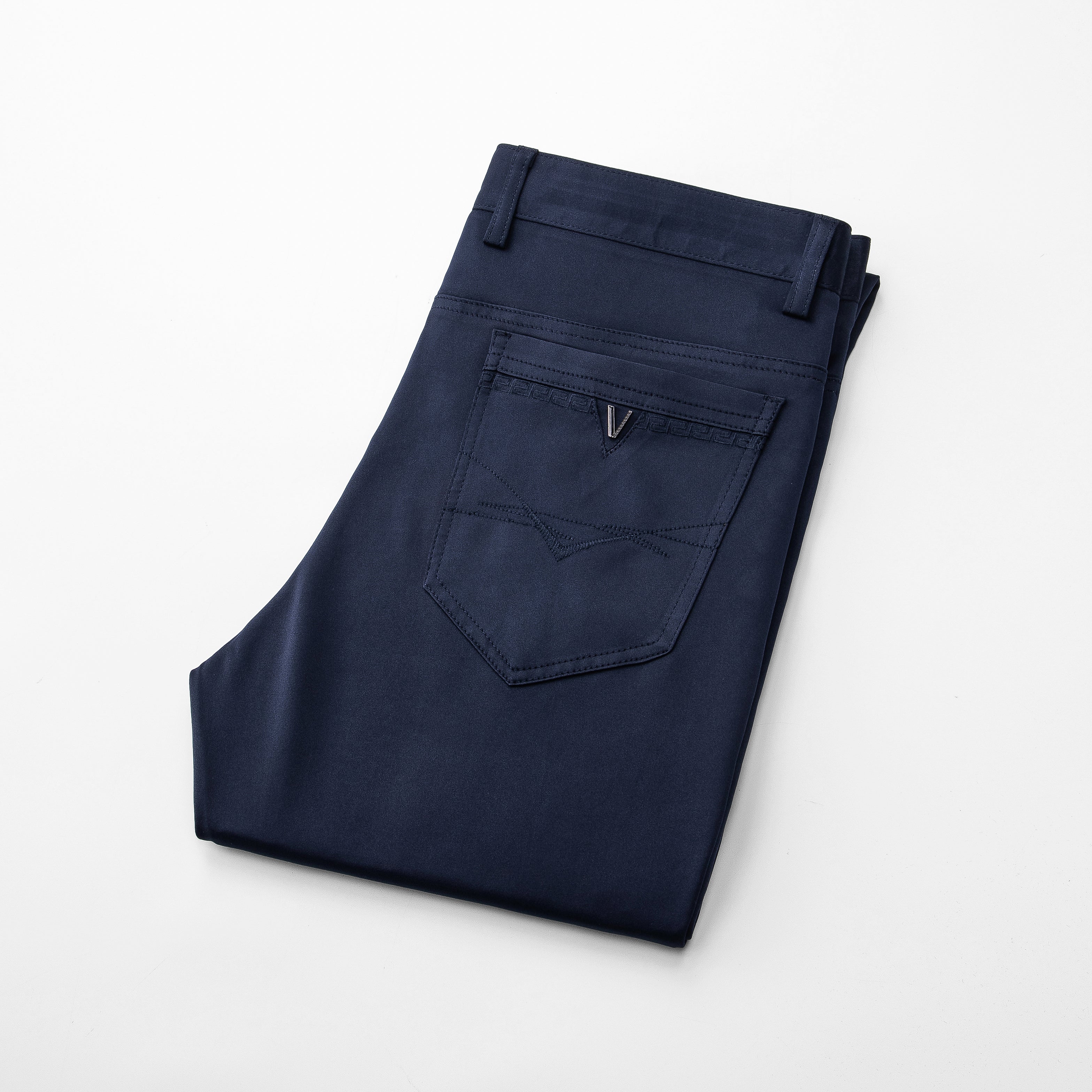Modern Fit 5-Pocket Pants, featuring a sleek shiny finish