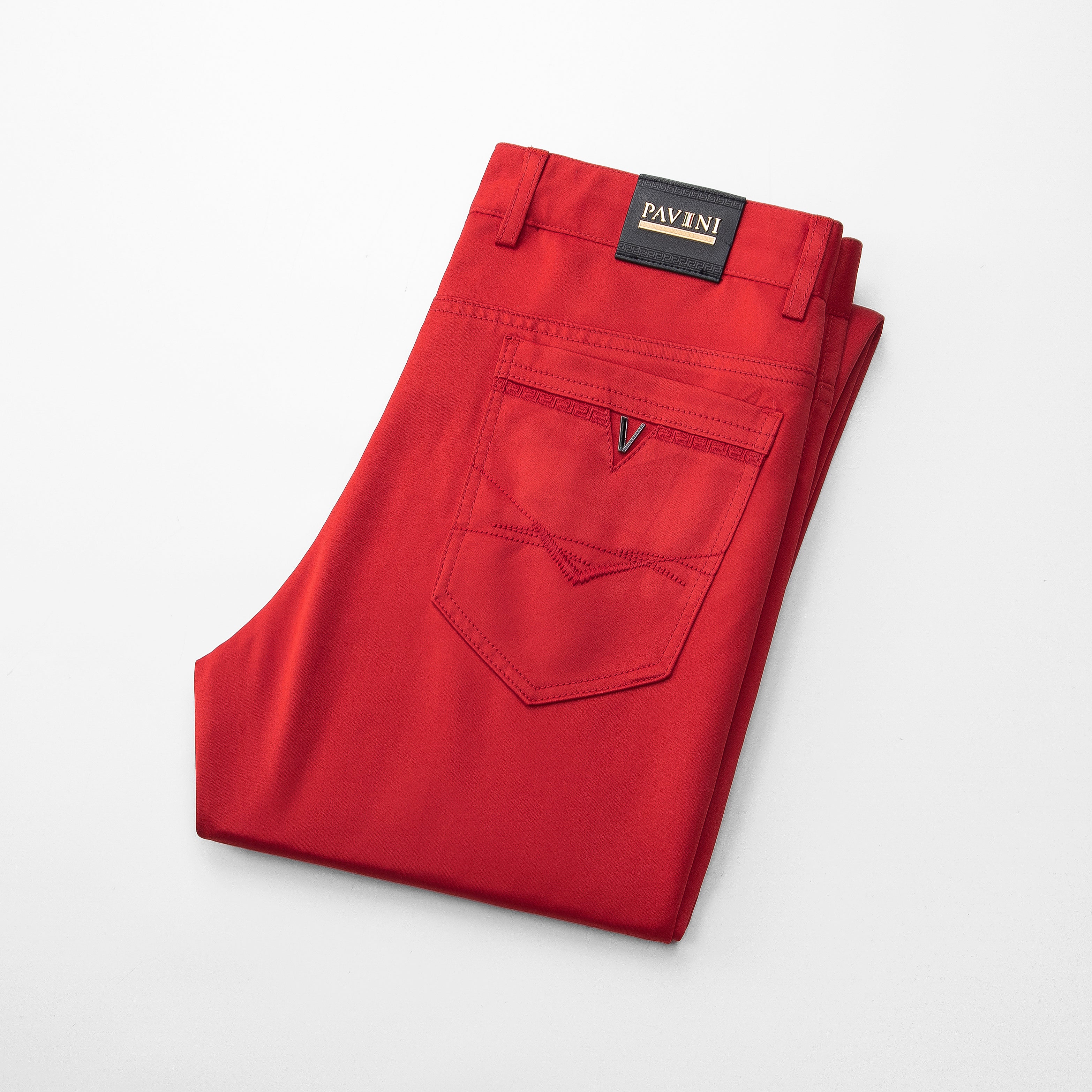 Modern Fit 5-Pocket Pants, featuring a sleek shiny finish