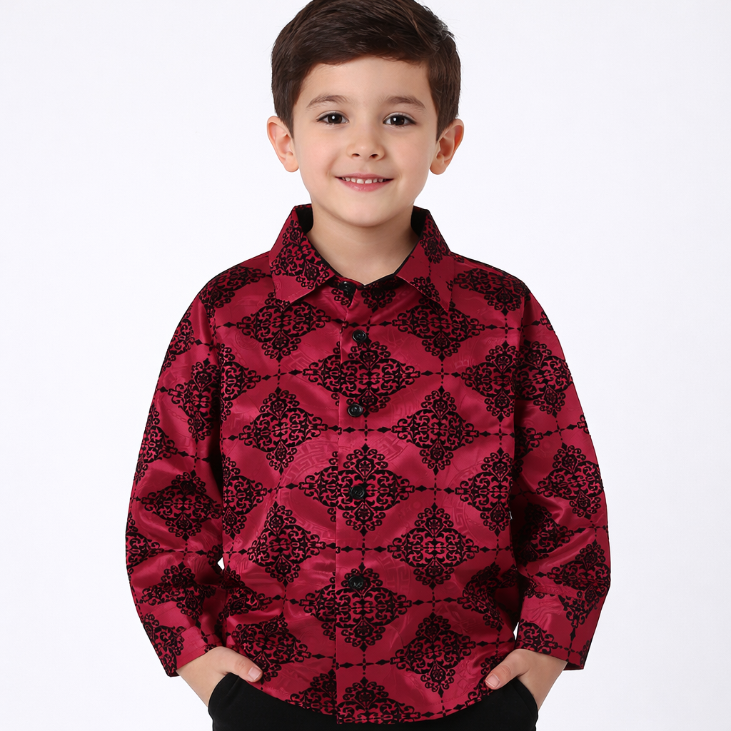 PAVINI KIDS Long Sleeve Satin Button-Down Shirt with Flocking Details