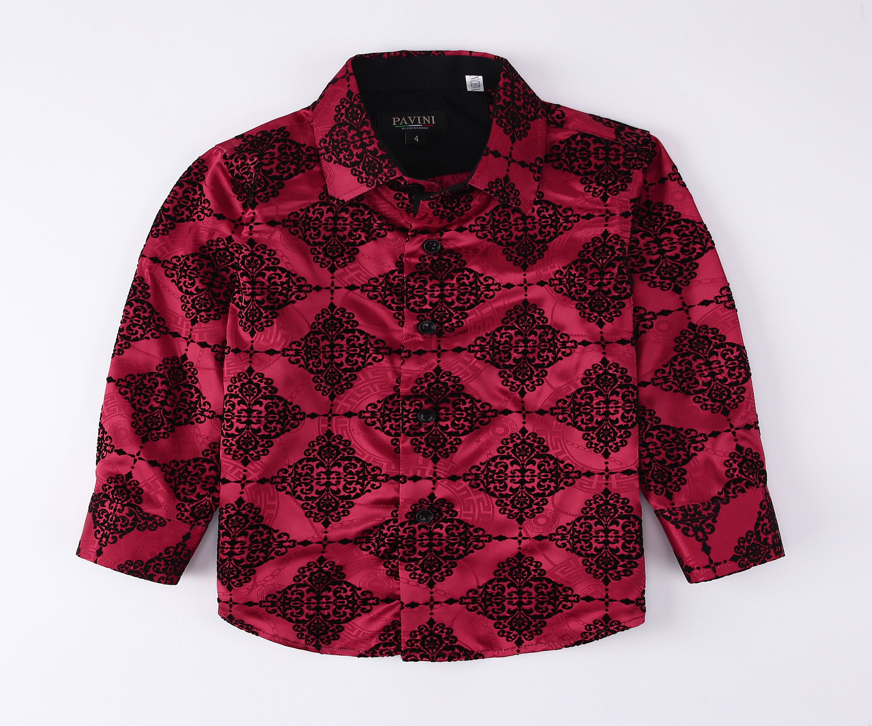 PAVINI KIDS Long Sleeve Satin Button-Down Shirt with Flocking Details