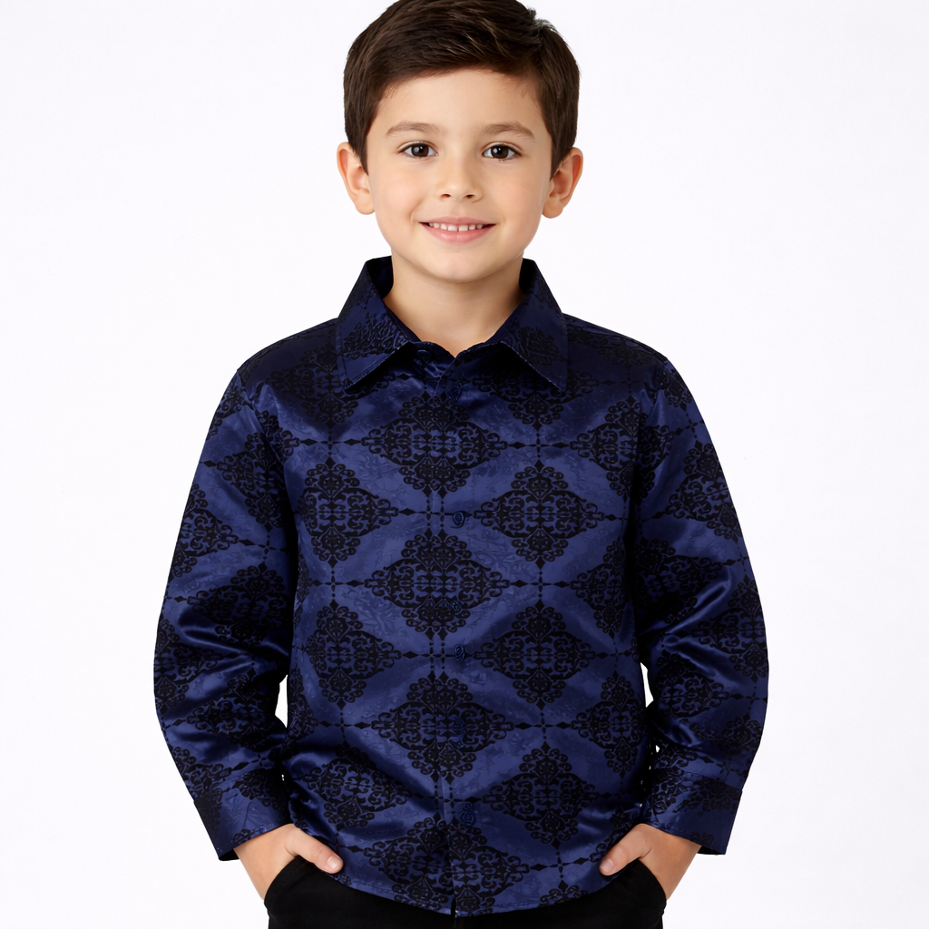 PAVINI KIDS Long Sleeve Satin Button-Down Shirt with Flocking Details