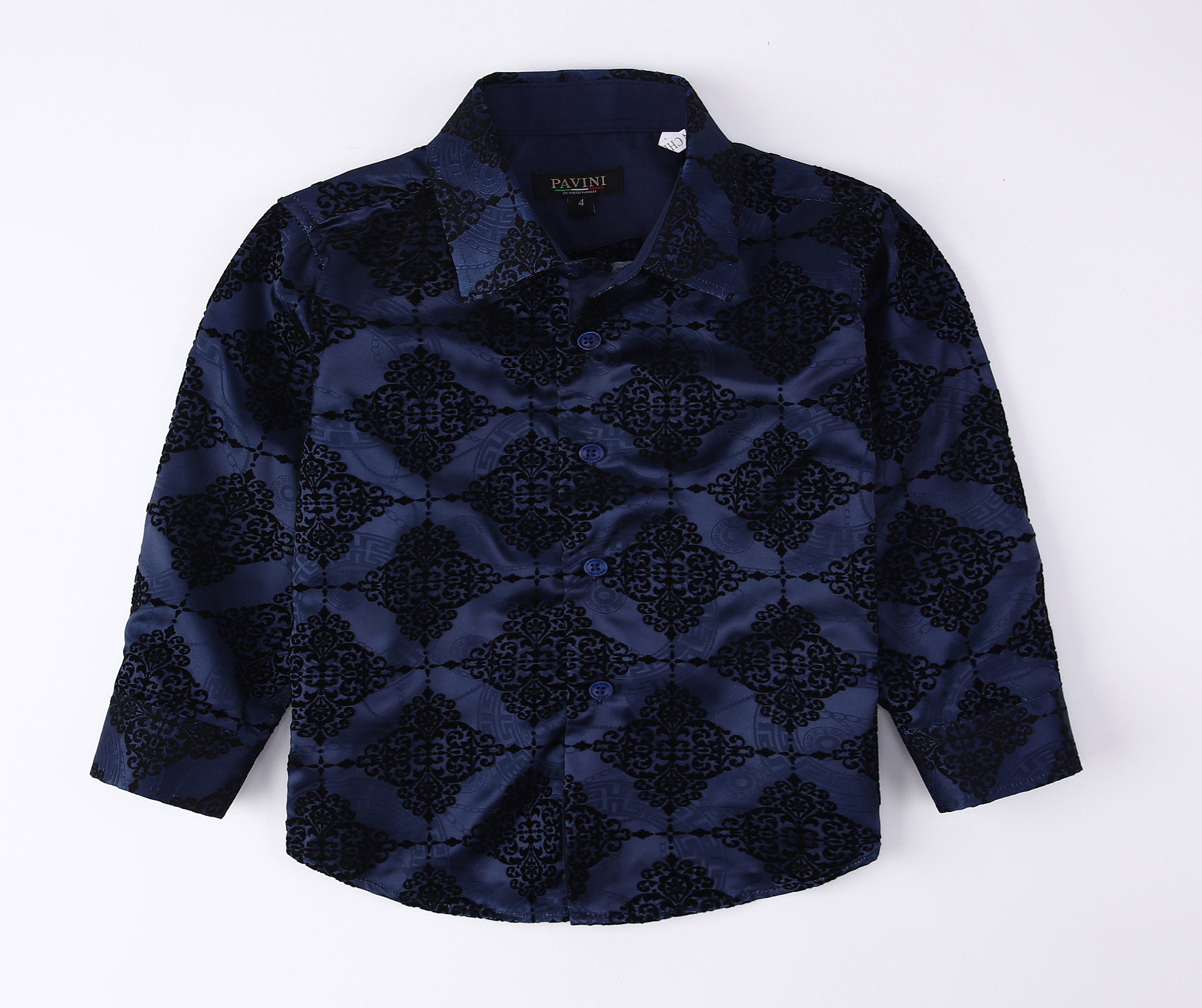 PAVINI KIDS Long Sleeve Satin Button-Down Shirt with Flocking Details