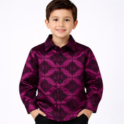 PAVINI KIDS Long Sleeve Satin Button-Down Shirt with Flocking Details