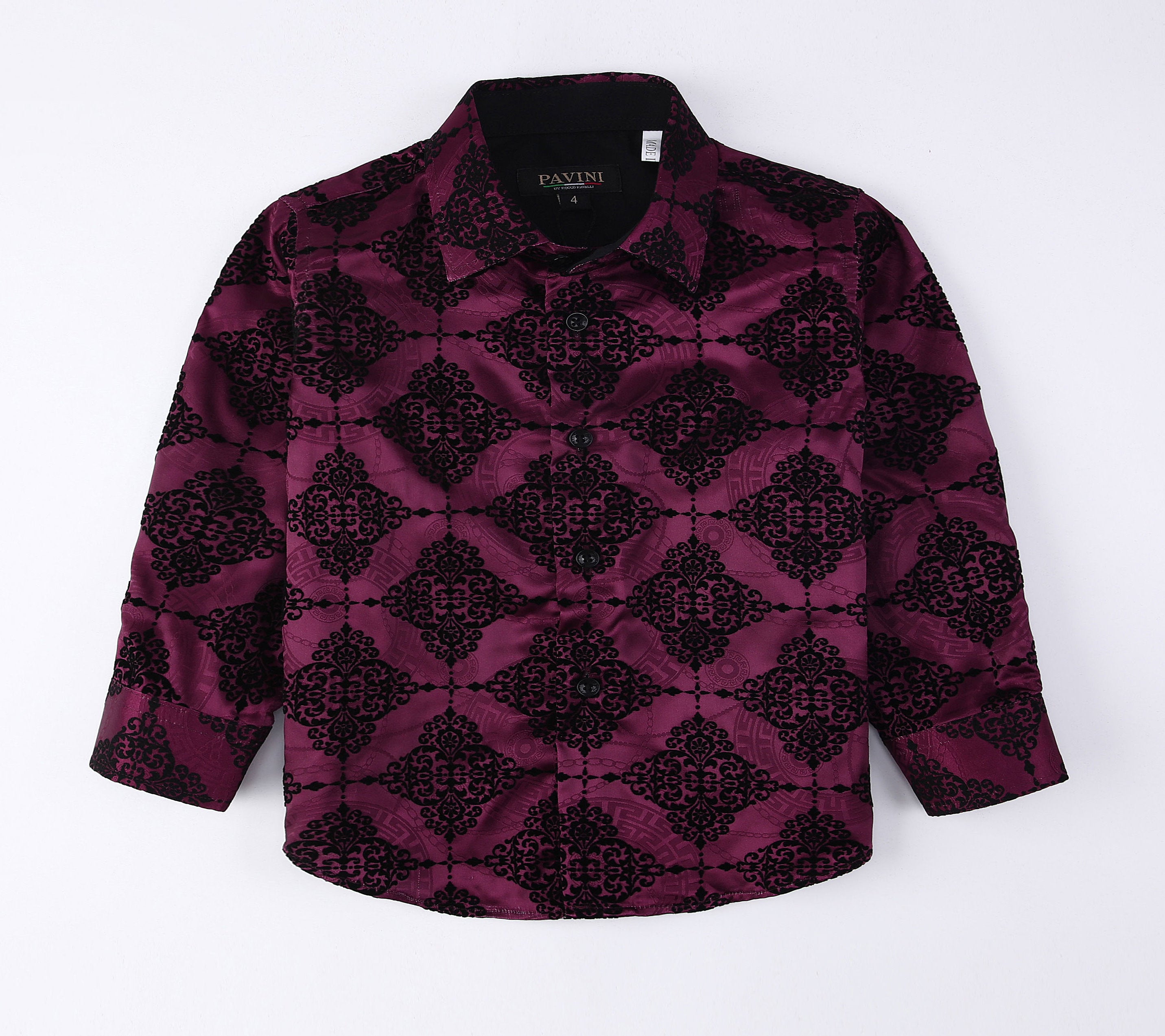 PAVINI KIDS Long Sleeve Satin Button-Down Shirt with Flocking Details