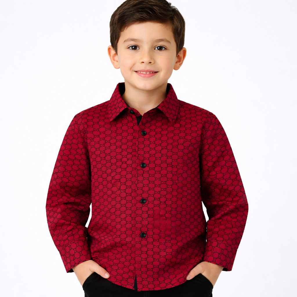 PAVINI KIDS Long Sleeve Satin Button-Down Shirt with Flocking Details
