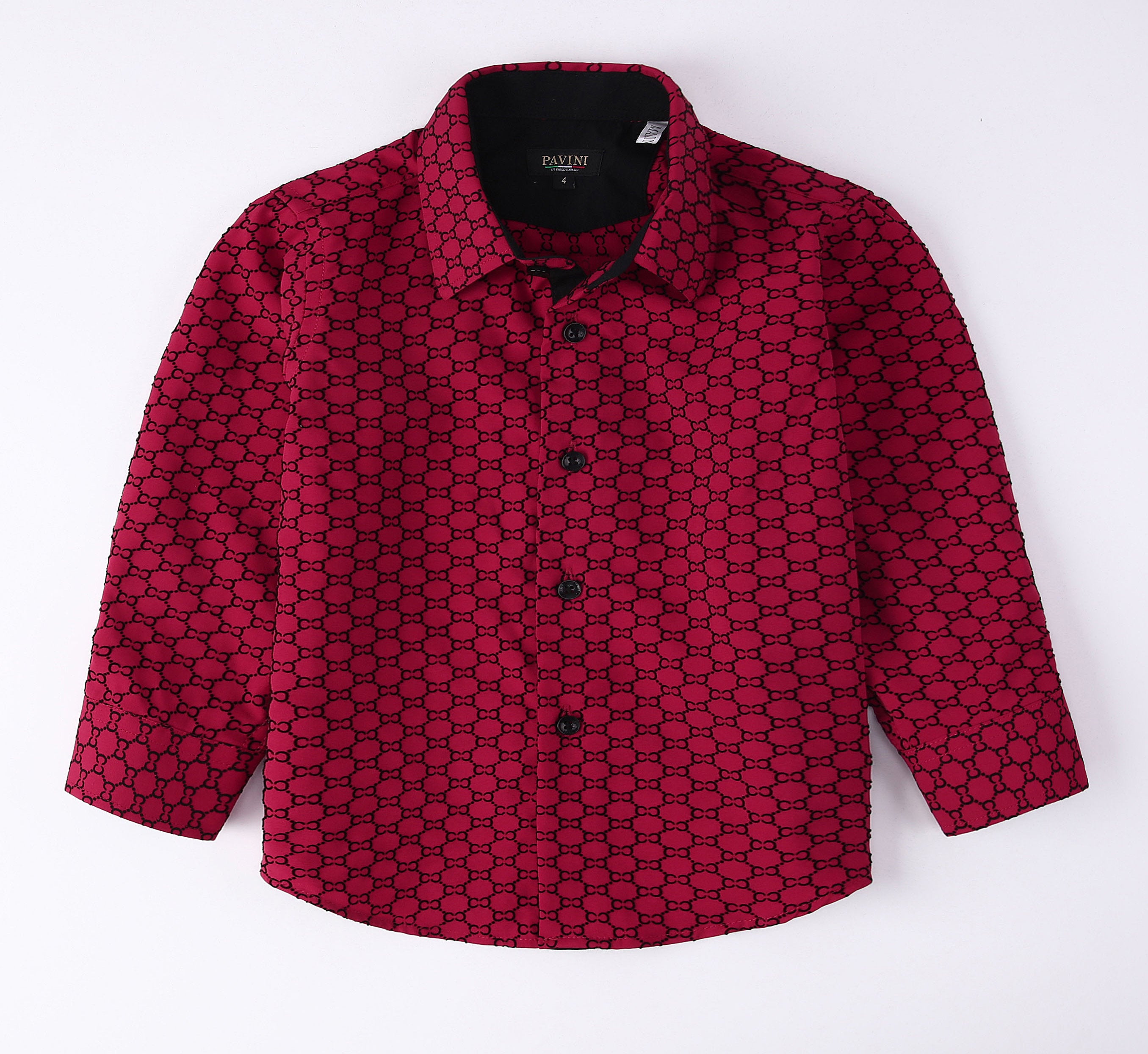 PAVINI KIDS Long Sleeve Satin Button-Down Shirt with Flocking Details