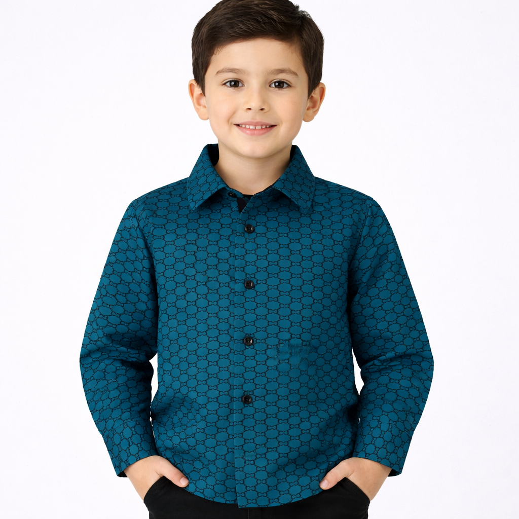 PAVINI KIDS Long Sleeve Satin Button-Down Shirt with Flocking Details