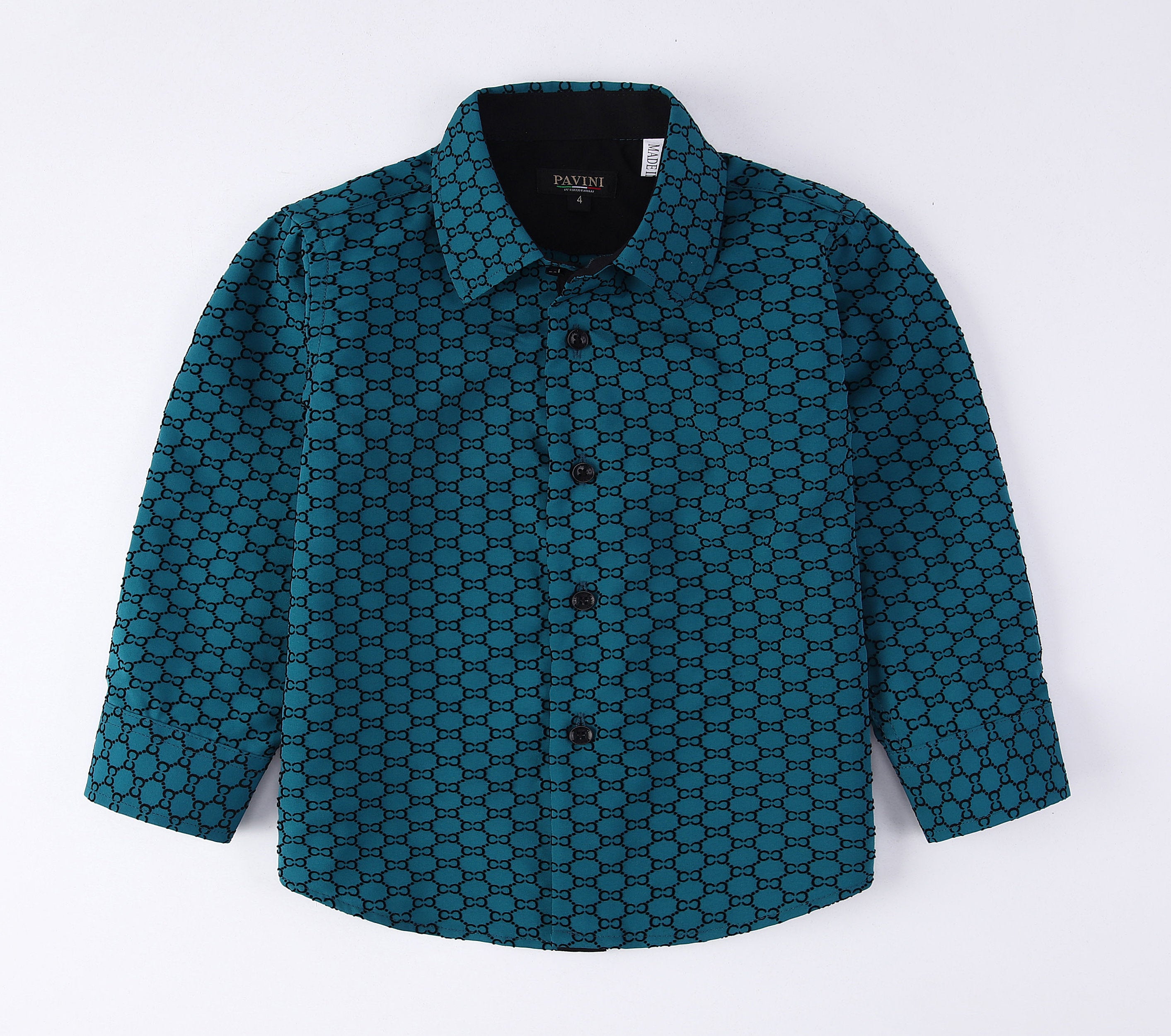 PAVINI KIDS Long Sleeve Satin Button-Down Shirt with Flocking Details