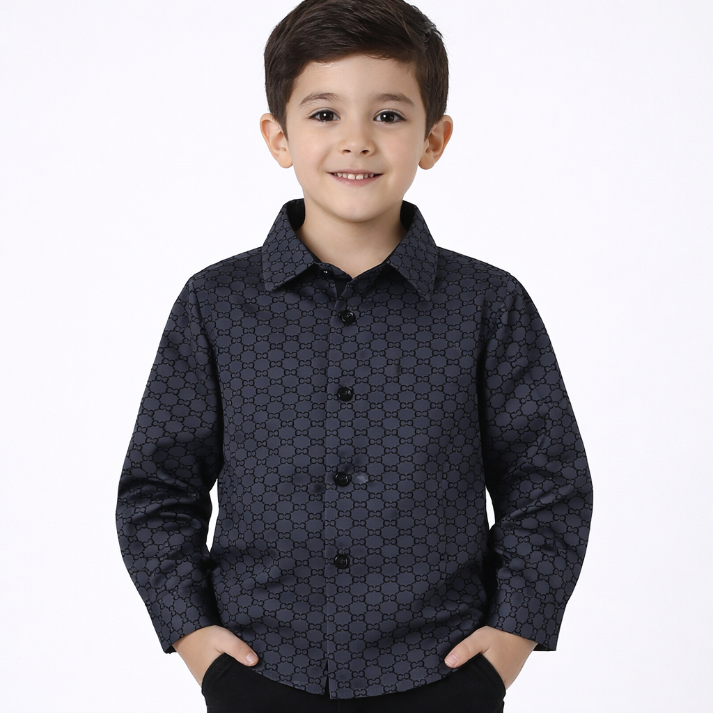 PAVINI KIDS Long Sleeve Satin Button-Down Shirt with Flocking Details
