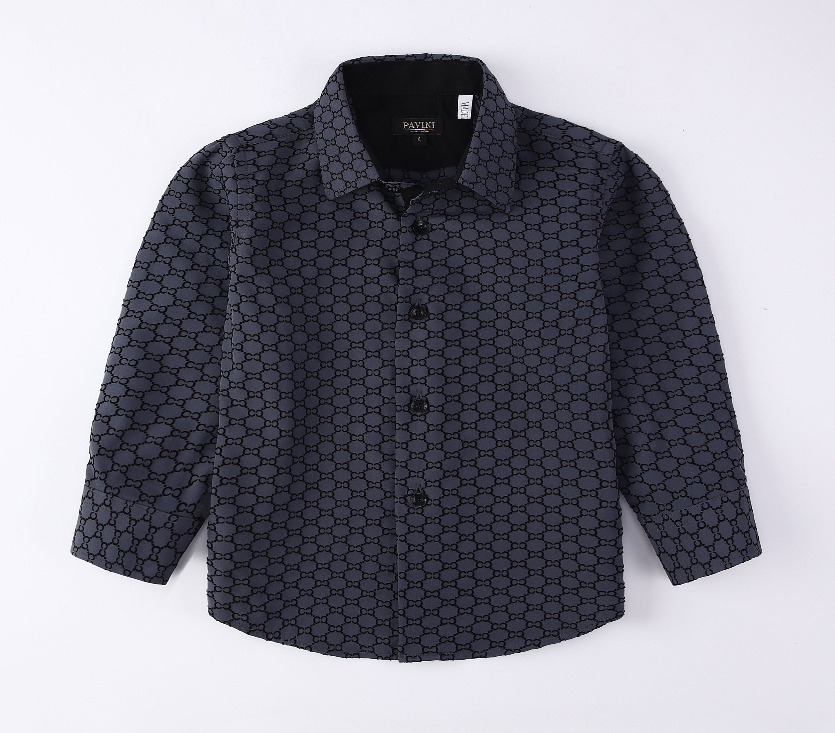 PAVINI KIDS Long Sleeve Satin Button-Down Shirt with Flocking Details