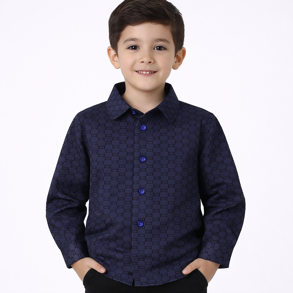 PAVINI KIDS Long Sleeve Satin Button-Down Shirt with Flocking Details