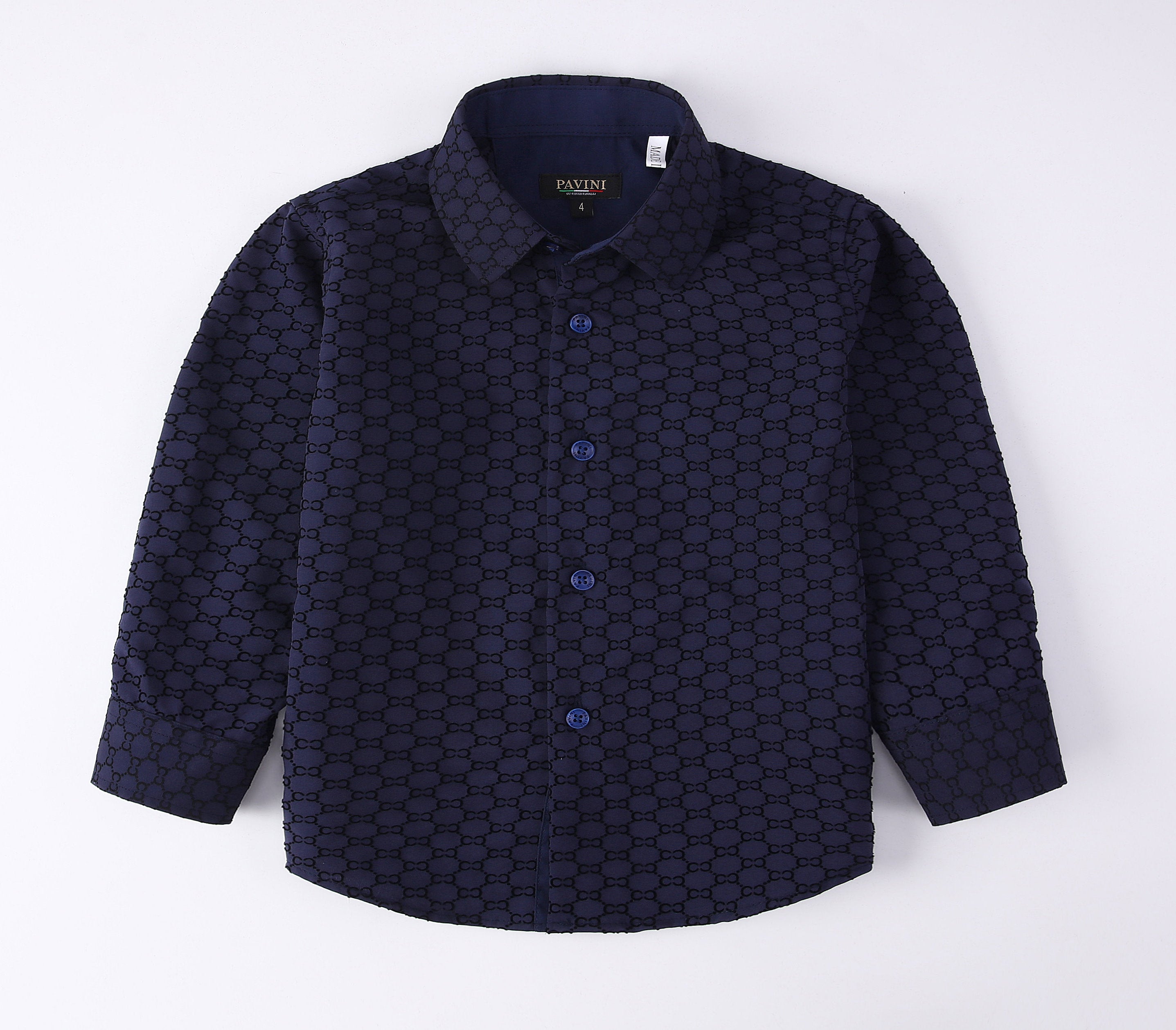 PAVINI KIDS Long Sleeve Satin Button-Down Shirt with Flocking Details