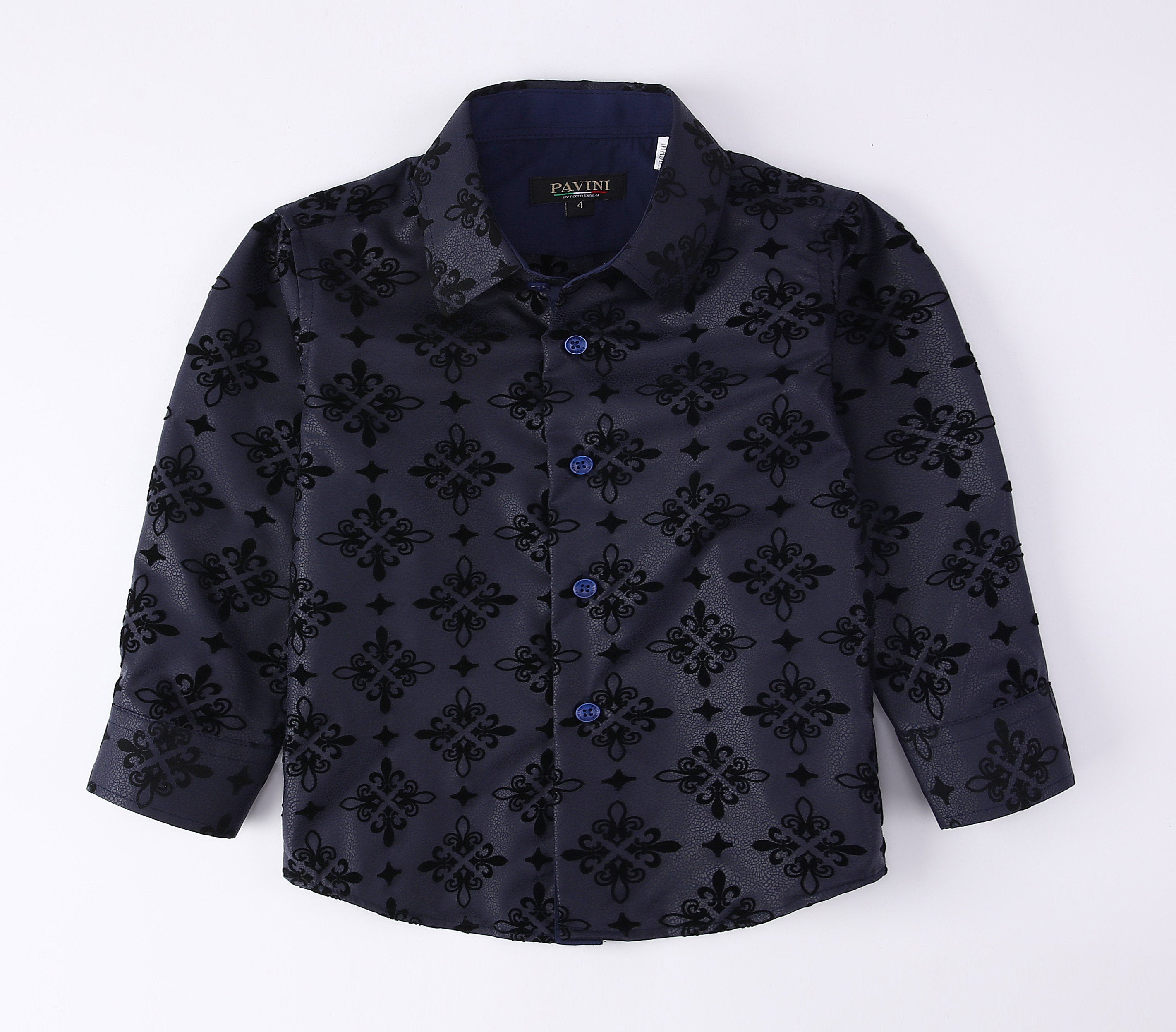PAVINI KIDS Long Sleeve Satin Button-Down Shirt with Flocking Details