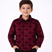 PAVINI KIDS Long Sleeve Satin Button-Down Shirt with Flocking Details