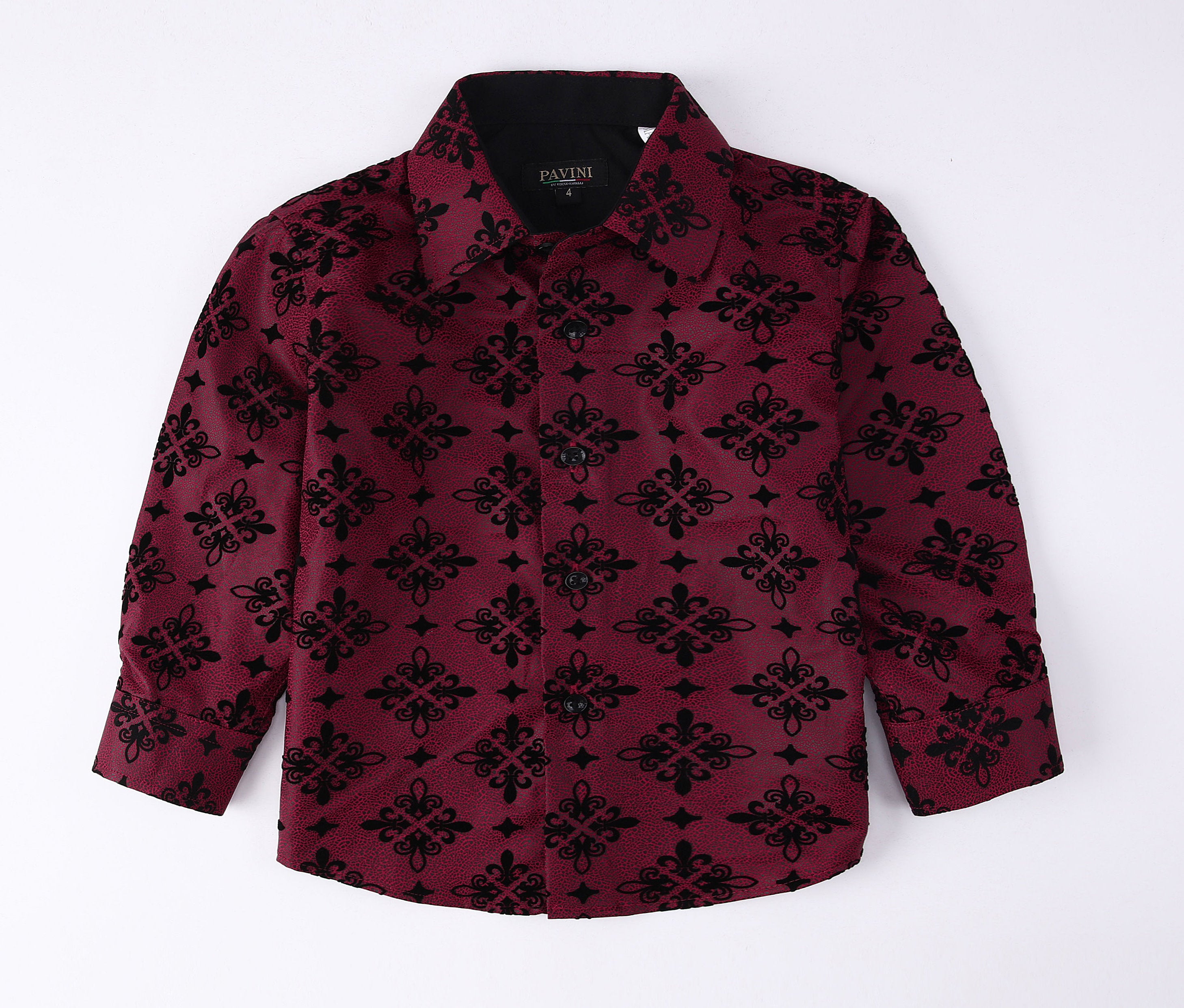 PAVINI KIDS Long Sleeve Satin Button-Down Shirt with Flocking Details
