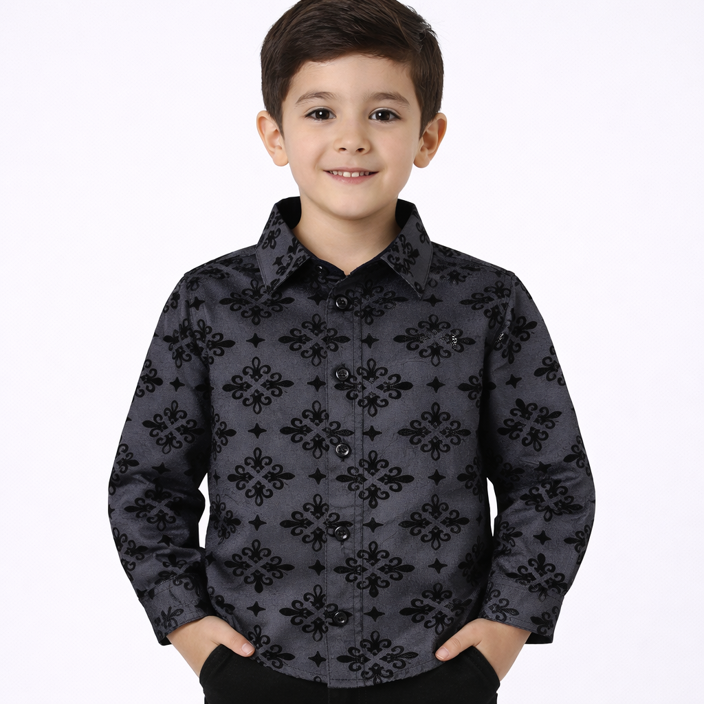 PAVINI KIDS Long Sleeve Satin Button-Down Shirt with Flocking Details