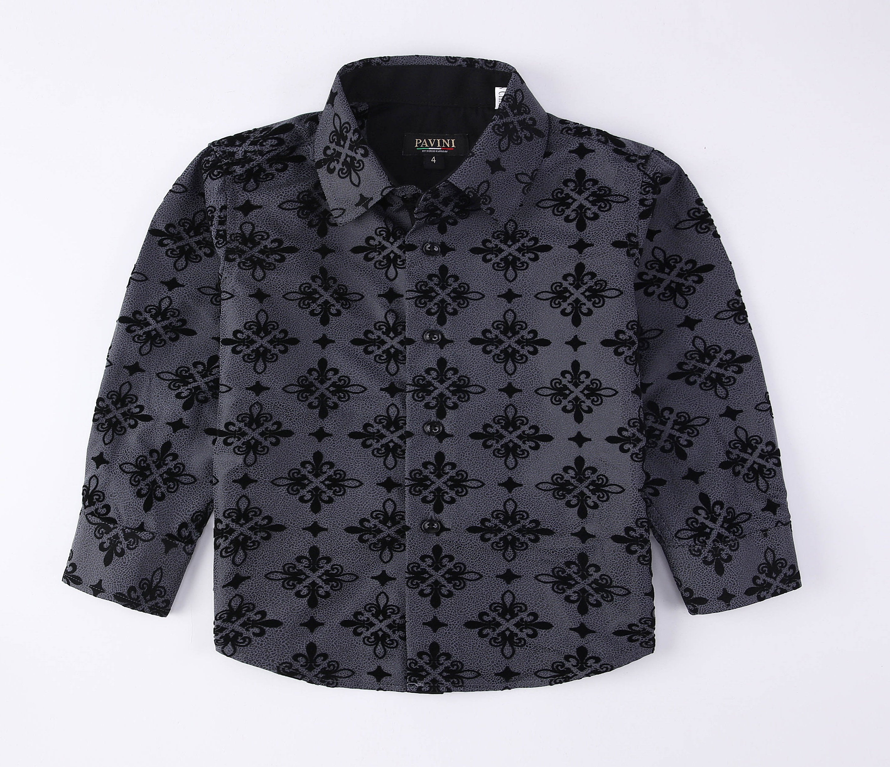 PAVINI KIDS Long Sleeve Satin Button-Down Shirt with Flocking Details