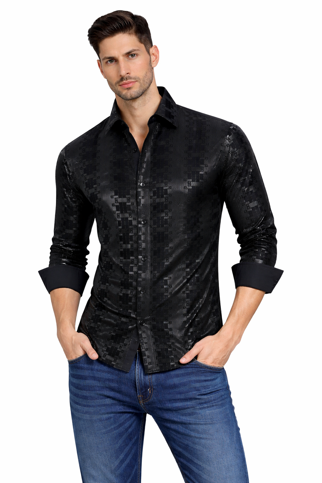 Pavini Black-on-Black Geometric Long Sleeve Dress Shirt